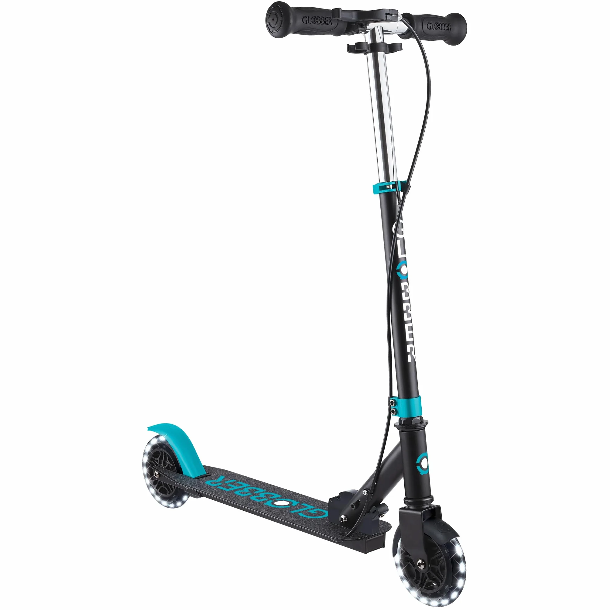Globber FLOW ELEMENT JUNIOR LIGHTS składana hulajnoga na 2 koła z hamulcem tylnym, regulowaną kierownicą i diodami LED, dla dzieci w wieku od 4 lat, turkusowa