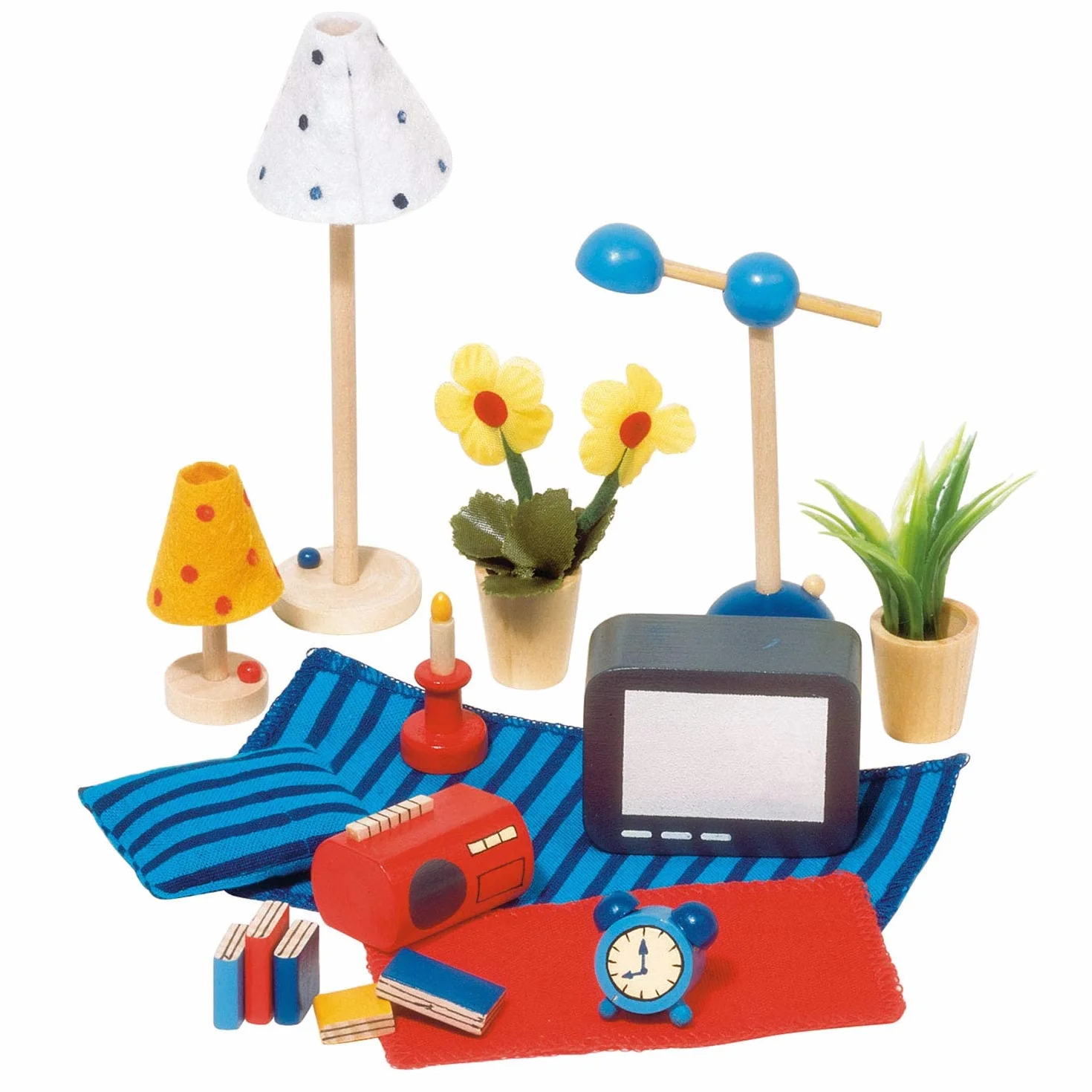 Accessoires Wohn- und Schlafzimmer: Holz und Stoff, für die Puppenhäuser, 17 Teile,per Set