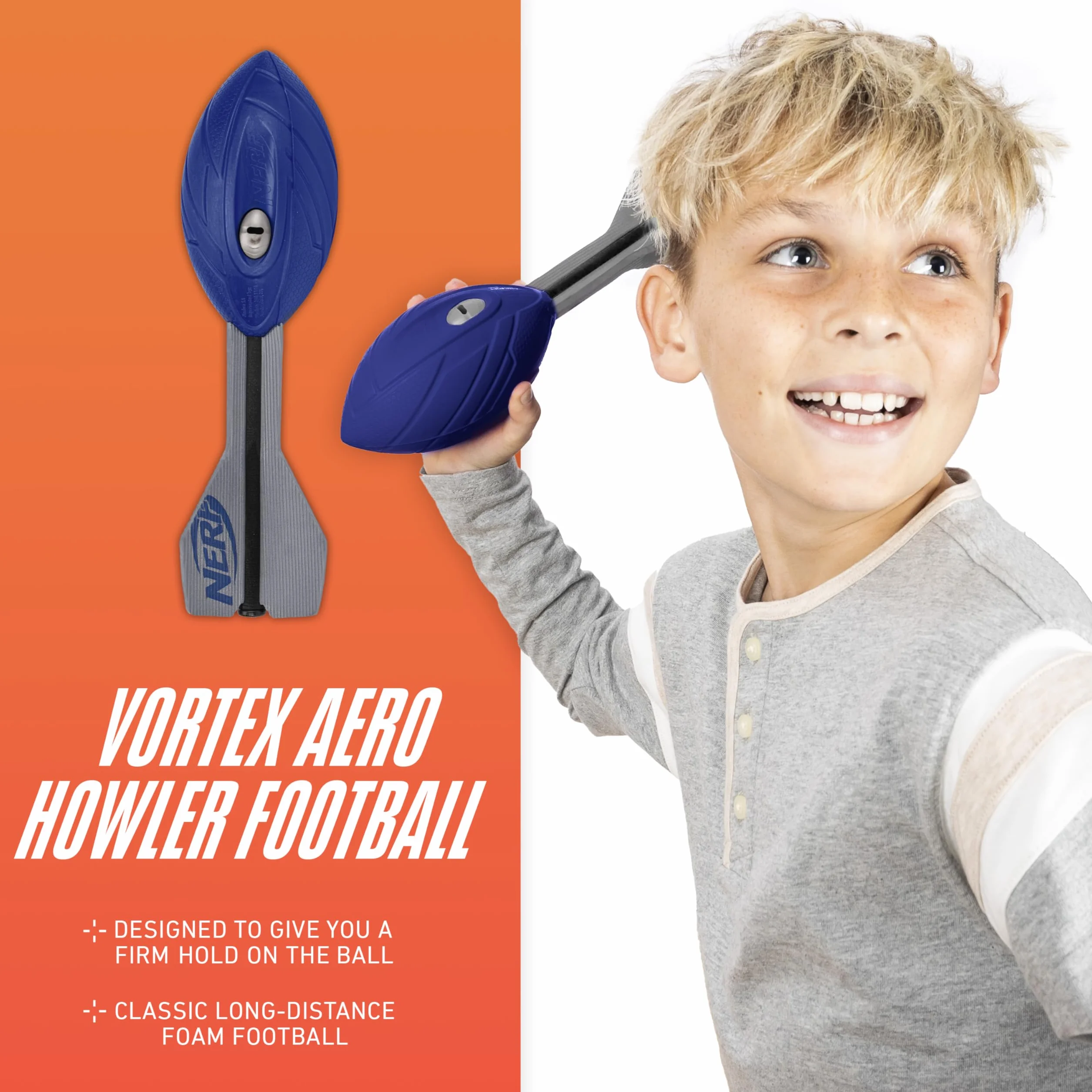 NERF Vortex Aero Howler Foam Ball – Classic Long-Distance Football - Flight-Optimizing Tail - Hand Grip – Indoor and Outdoor Fun