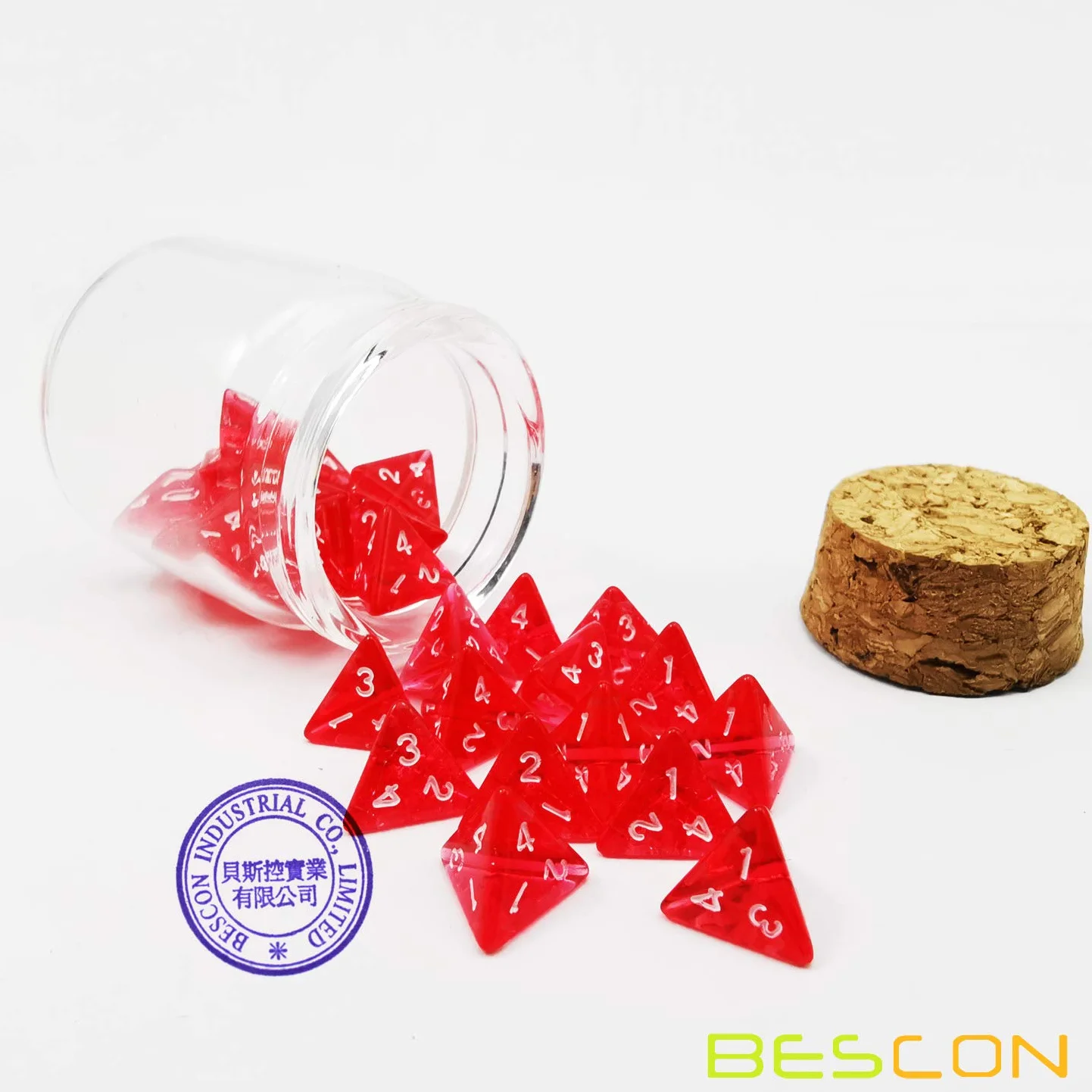 Bescon Mini przezroczyste czerwone kości k4 30 szt. butelka z miksturą leczniczą, 30 sztuk mini czerwonych kostek k4 do gier RPG, pakiet mikstur leczniczych w szklanym słoiku