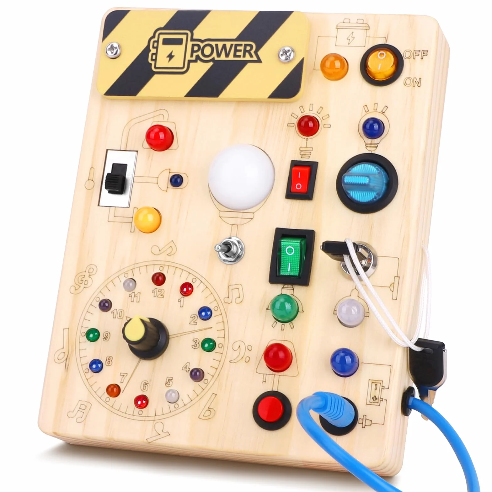Montessori Busy Board – Drewniana tablica aktywności dla maluchów 1-3 lat, 10 przełączników, 23 diody LED, zabawki sensoryczne