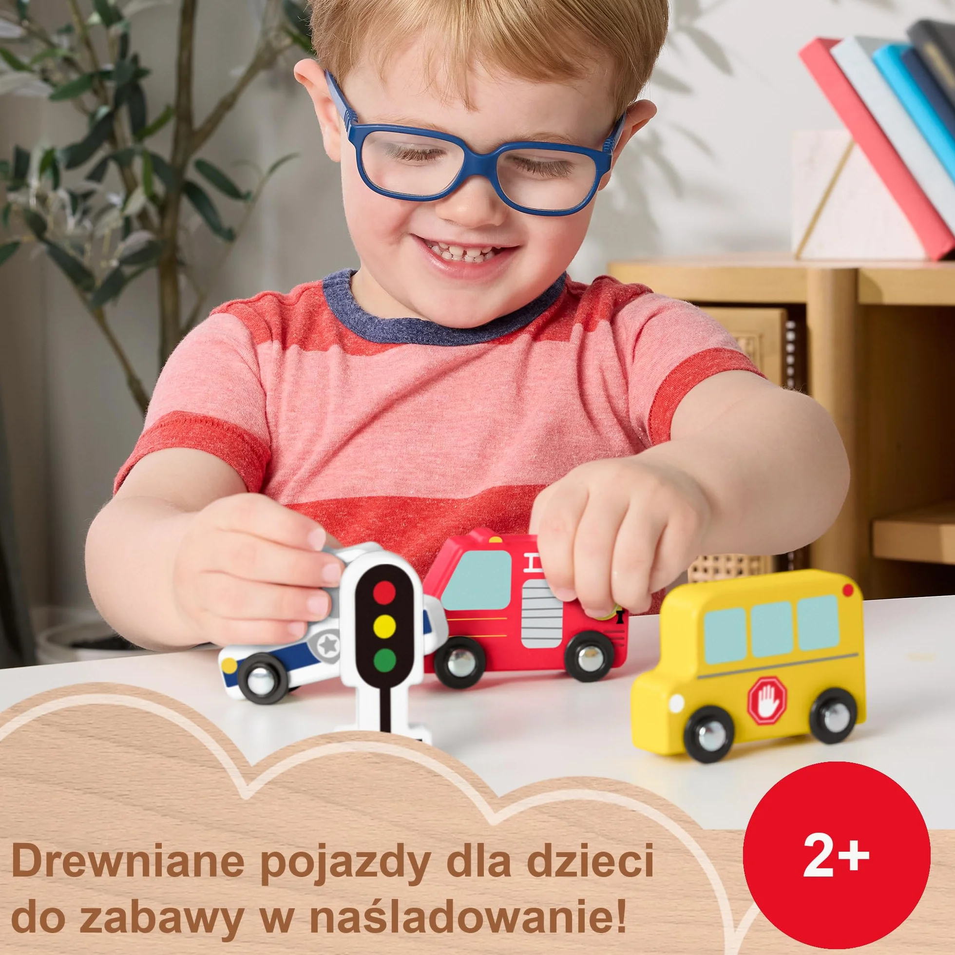 Fisher-Price Drewniane samochody Zestaw 3 pojazdów do zabawy: wóz strażacki, autobus i radiowóz + sygnalizator, drewniane zabawki dla dzieci od 2 roku życia, JCY32
