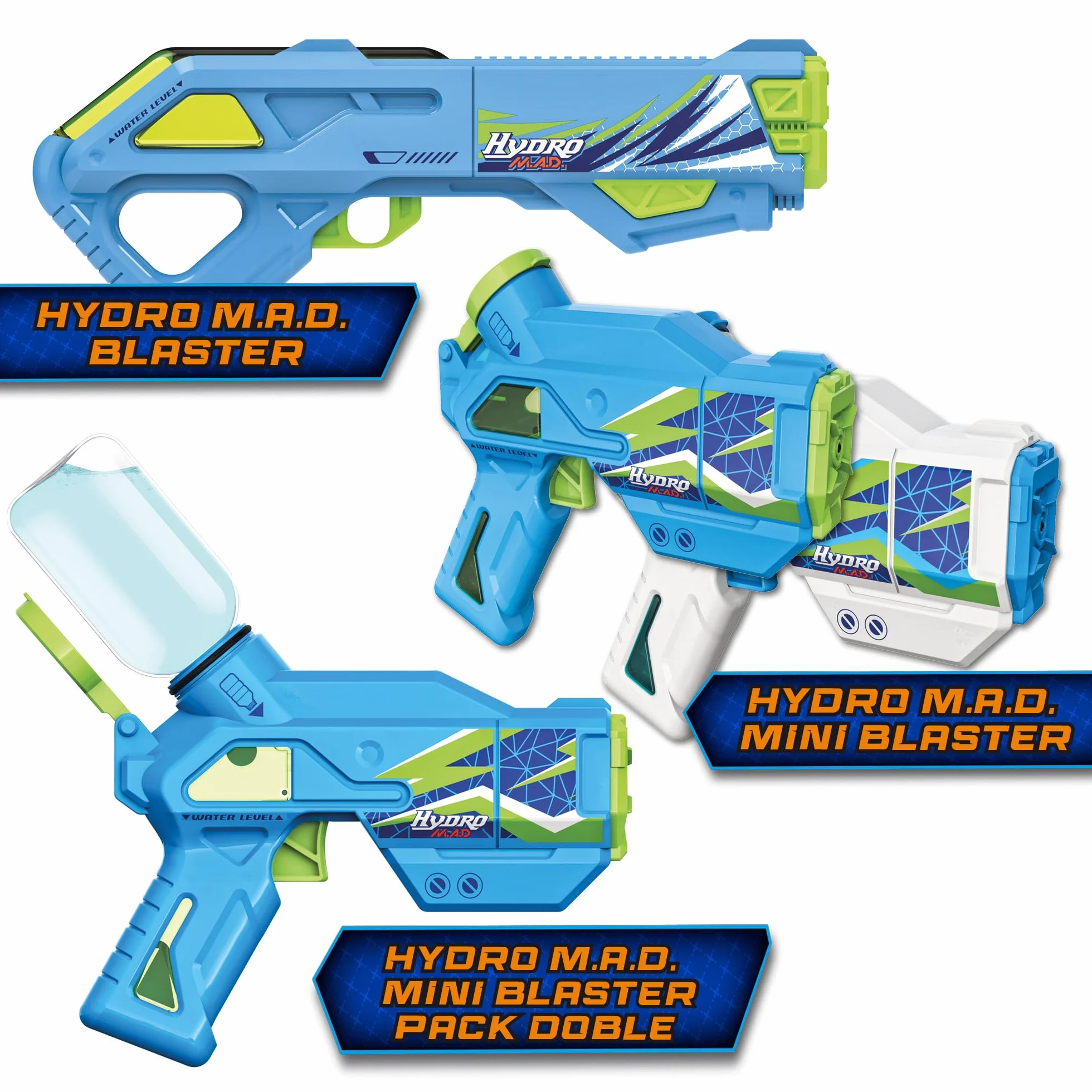 Hydro M.A.D. Mini Blaster Podwójny zestaw, elektroniczne pistolety na wodę w kolorze niebieskim i białym, zasięg do 5 m, zabawka do zabawy na świeżym powietrzu, chłopcy i dziewczęta+8 lat, Bizak
