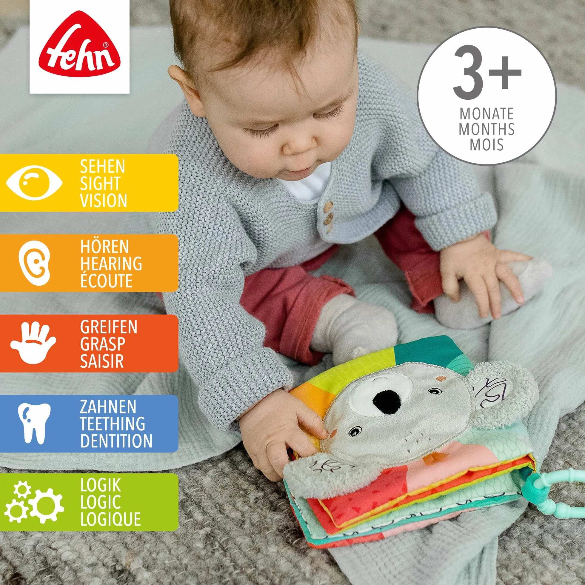 Fehn Stoffbuch Koala – Baby Fühlbuch aus Stoff mit Tier-Motiven: Knisterbuch zum Fühlen, Greifen und Staunen – zum Aufhängen für Kinderwagen und Babyschale – für Babys und Kleinkinder ab 3+ Monaten