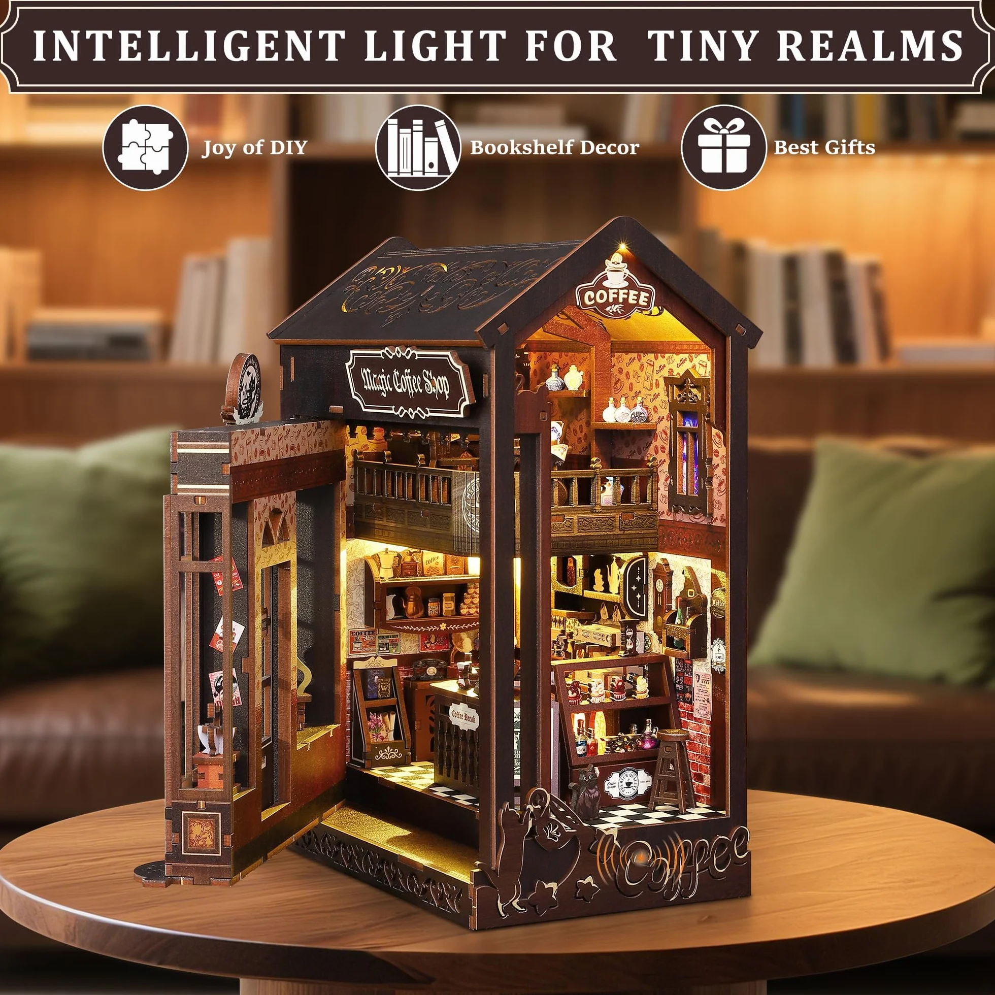 Book Nook Kit dla dorosłych: LUMYCE drewniane puzzle "zrób to sam" miniaturowy domek dla lalek 3D - podpórka na książki do regału na książki dekoracja z oświetleniem LED, kreatywny prezent dla