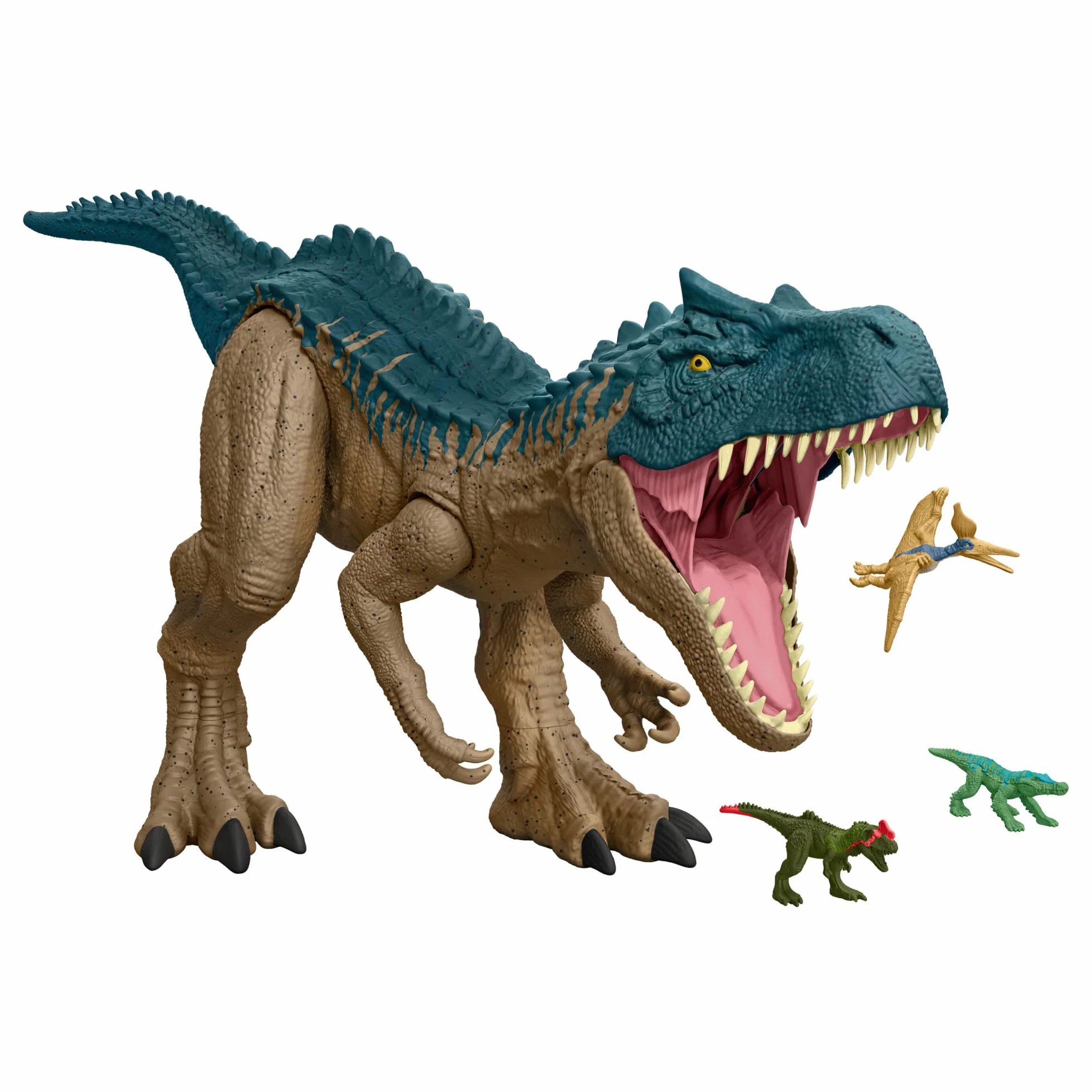 Mattel Jurassic World: Teoria chaosu Netflix - Kolosalny Allozaur Duża figurka dinozaura (96,5 cm długości) potrafiąca połknąć do 20 minifigurek, zabawka akcji, HRX53