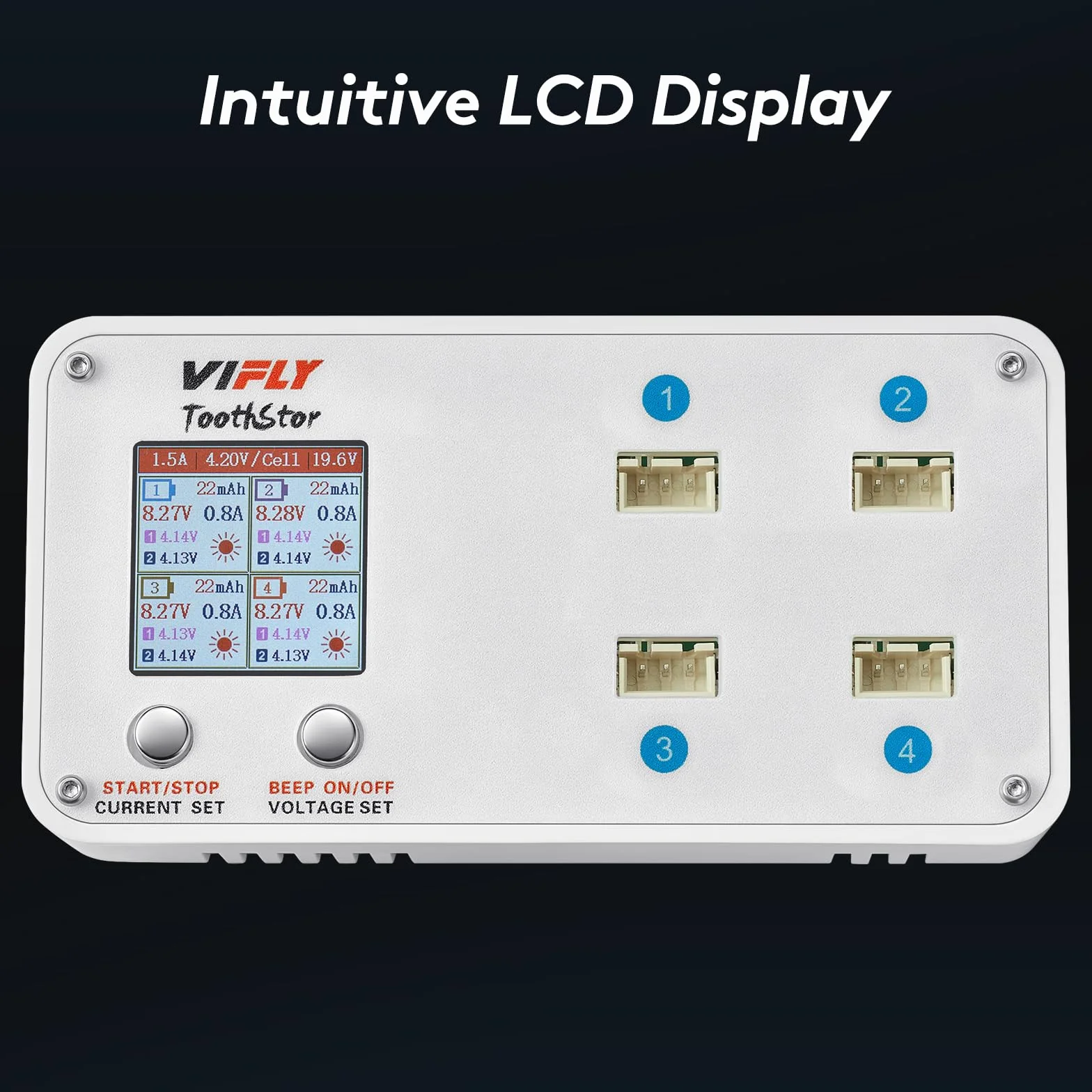 VIFLY ToothStor 4-portowa ładowarka 2S LiPo Balance z trybem przechowywania