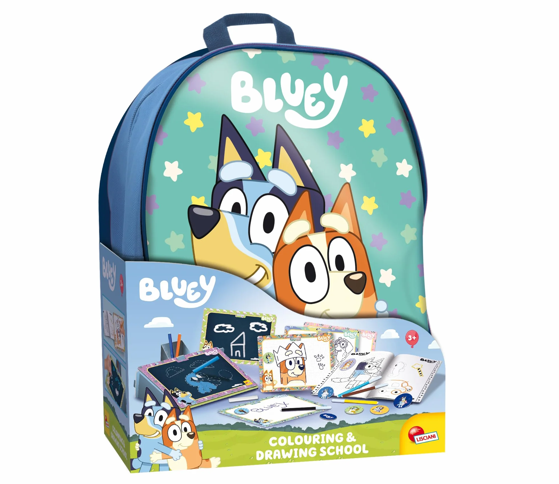 Lisciani BLUEY plecak z zestawem do malowania i rysowania dla dzieci od 3 lat - kreatywny zestaw z kolorowanką, naklejkami, flamastrami i tablicami do ścierania - wyprodukowano we Włoszech