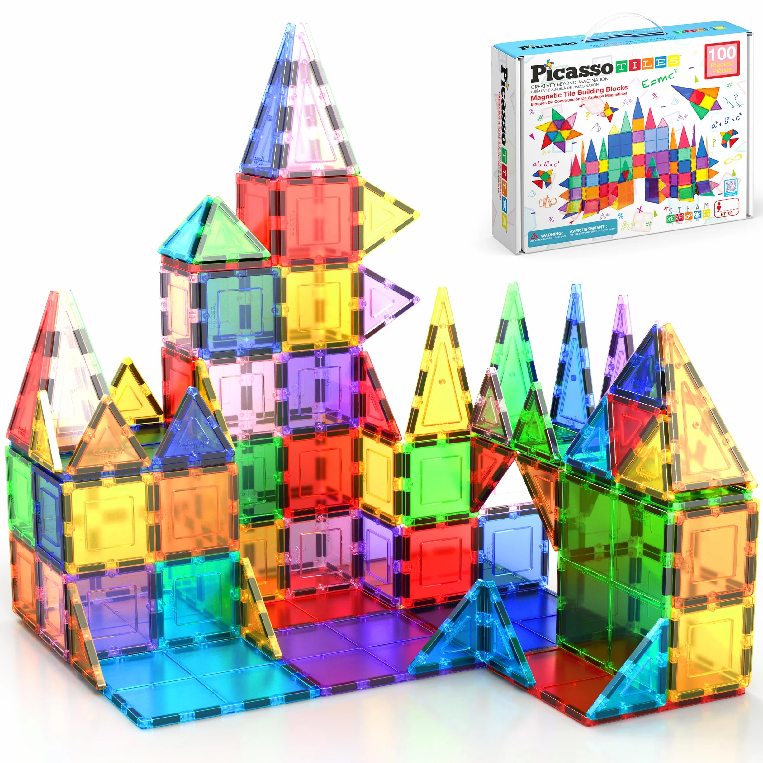 PicassoTiles 100-częściowy zestaw 100sztuk Magnetyczne klocki budowlane Przezroczyste magnetyczne 3D klocki konstrukcyjne Płyty do gry, kreatywność poza wyobraźnią, inspirujące, rekreacyjne