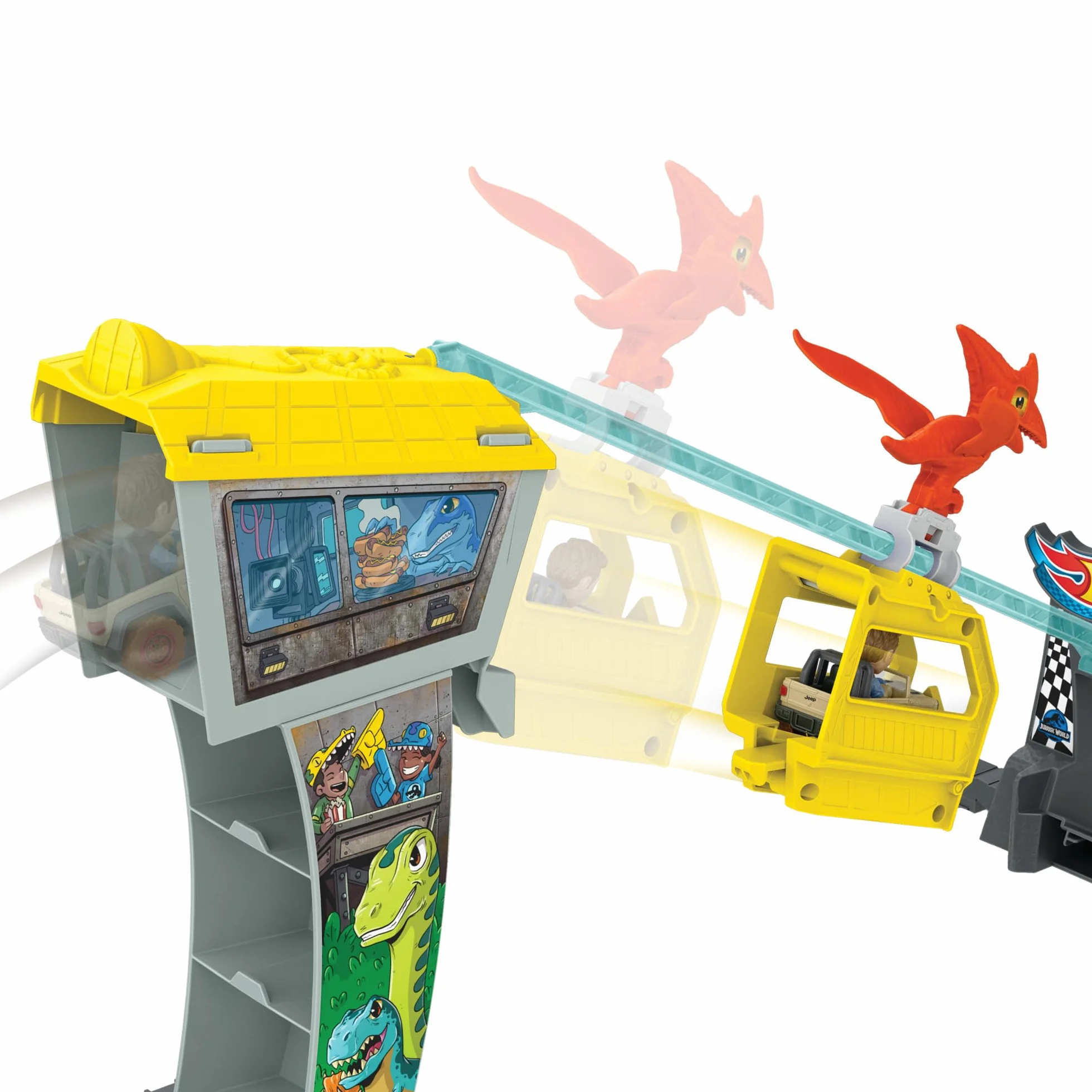 Hot Wheels RacerVerse Jurassic World Kolejka linowa Blue Zestaw z torem i 2 metalowymi pojazdami inspirowanymi Blue i Owenem, HTP12