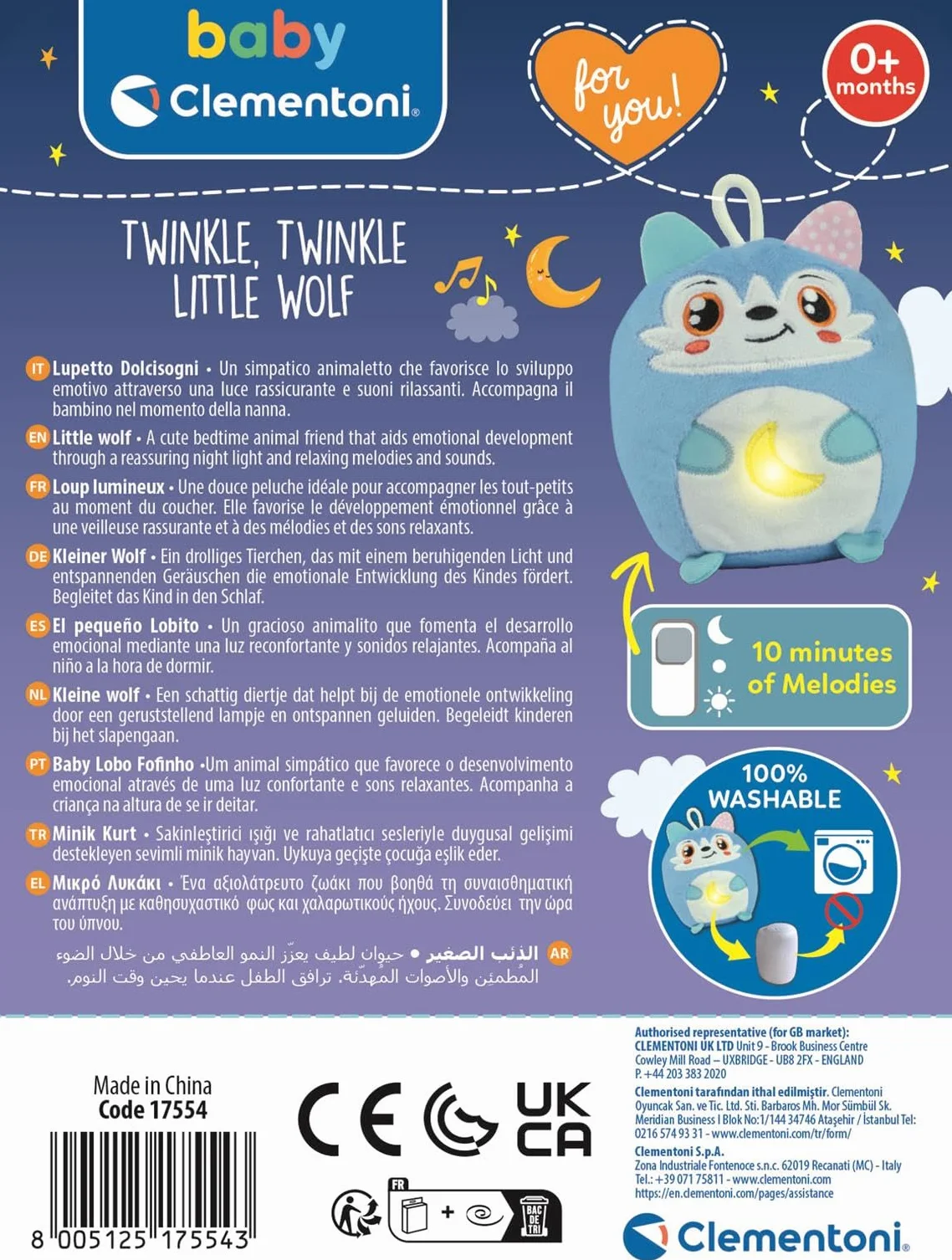 Clementoni Baby for You - Twinkle Twinkle Little Wolf, lampka nocna dla dzieci, 0-miesięczna gra dla dzieci +, wilk z kojącymi światłami i dźwiękami, wsparcie dla spokojnego snu, 17554