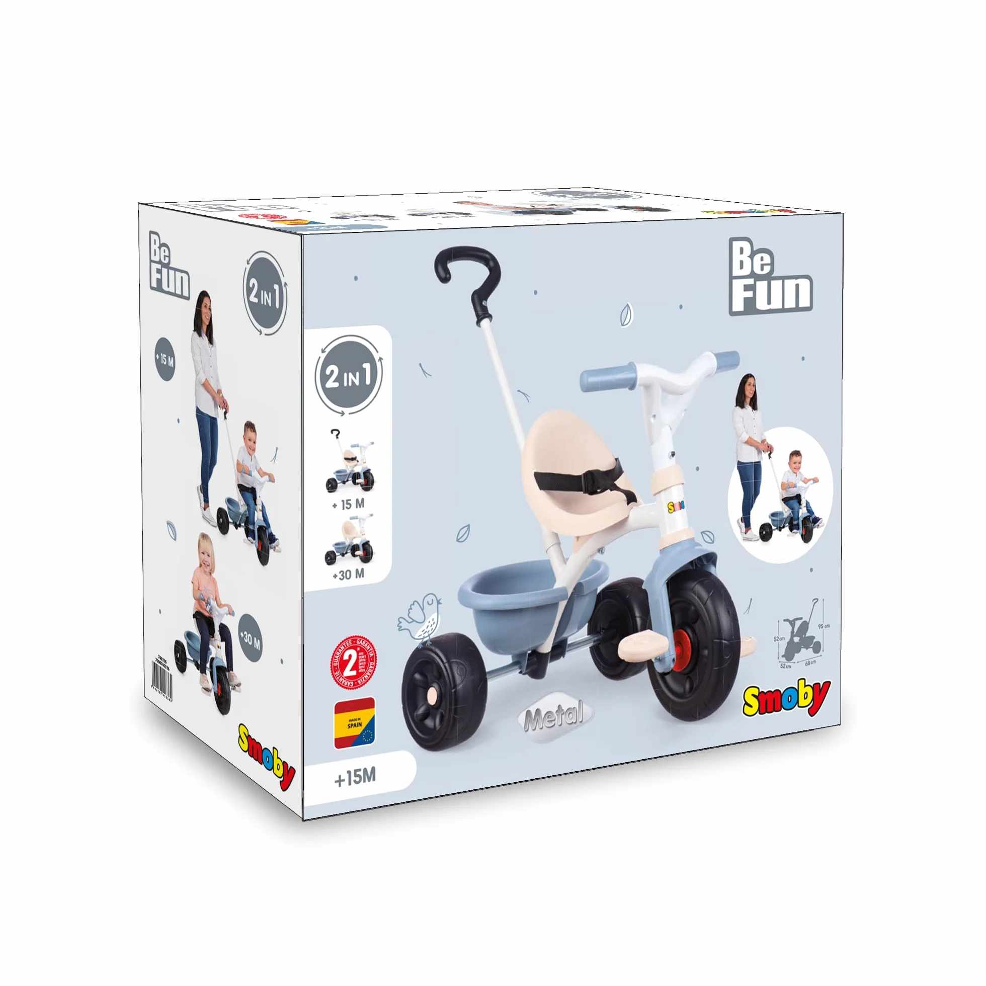 Smoby - Be Fun Blue Tricycle - Regulowana i zdejmowana laska dla rodzica do 95 cm - Pas bezpieczeństwa - Od 15 miesięcy - Wyprodukowano w Hiszpanii