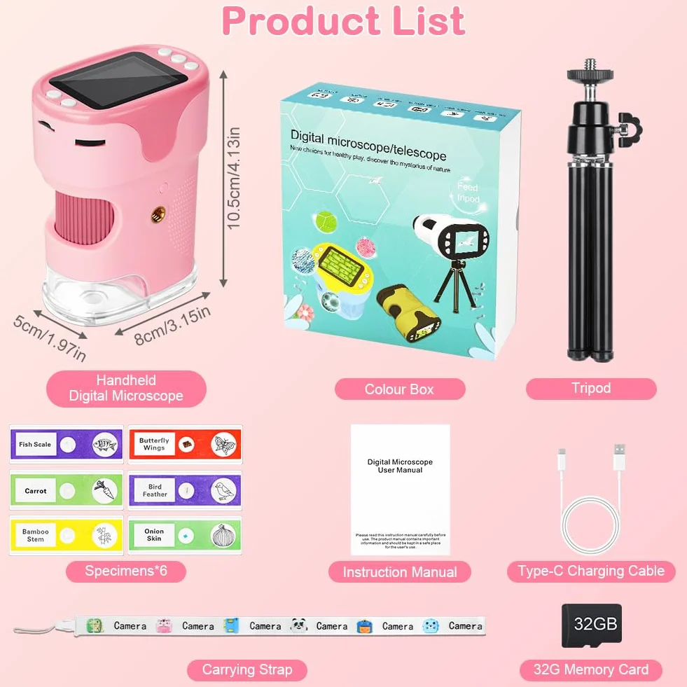 AXFEE Mikroskop dla dzieci, 1000X przenośny mikroskop kieszonkowy z LED, mini mikroskop z wyświetlaczem LCD 2,0", 4 K, 6 folii, karta pamięci 32 GB i statyw, dla dzieci i dorosłych (różowy)