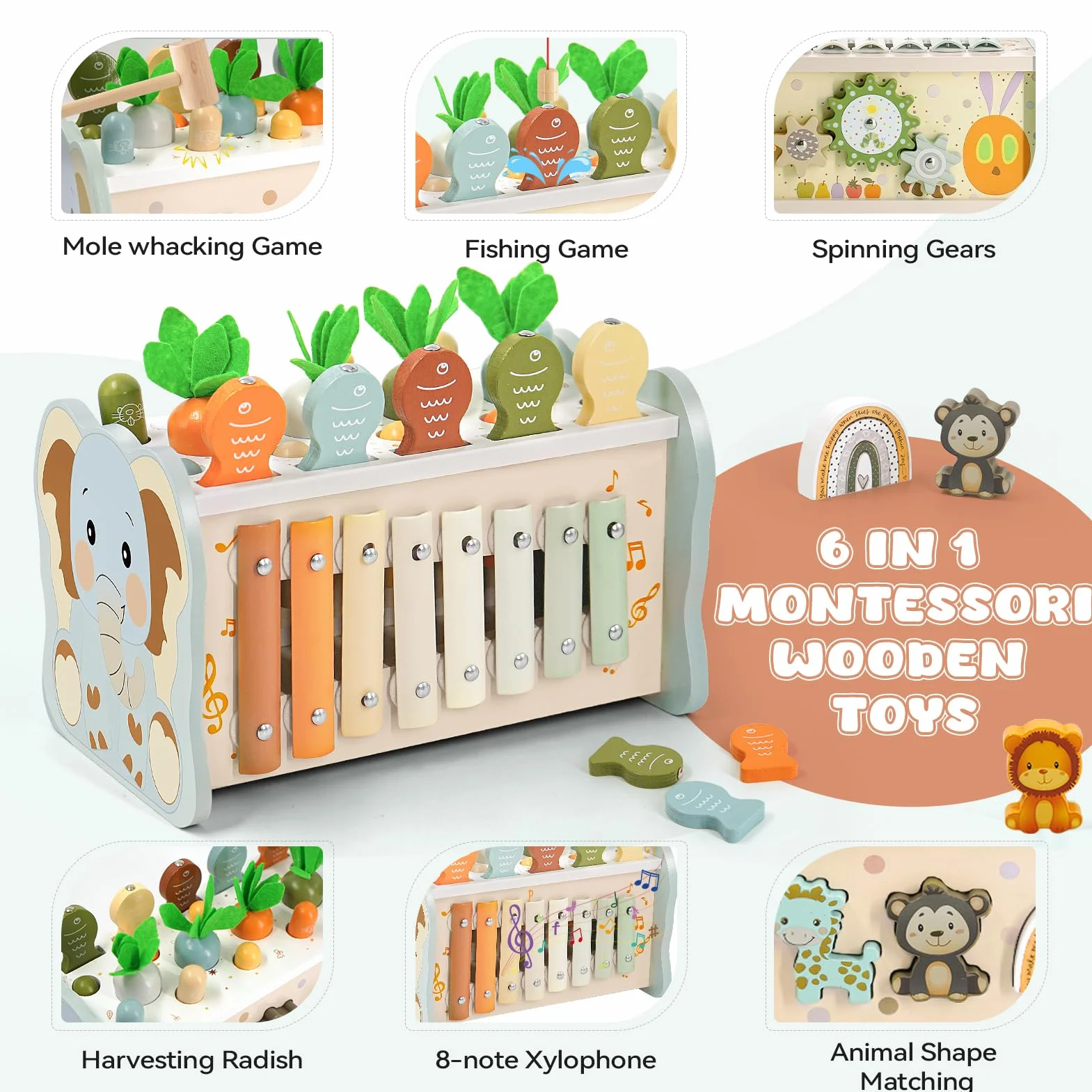 Zabawki Montessori dla chłopców i dziewczynek w wieku 1 roku, 6 w 1 drewniana zabawka z młotkiem, gra w krecika, cymbałki i magnetyczne łowienie rybek – edukacyjna zabawka dla dzieci 1 2 3 lata