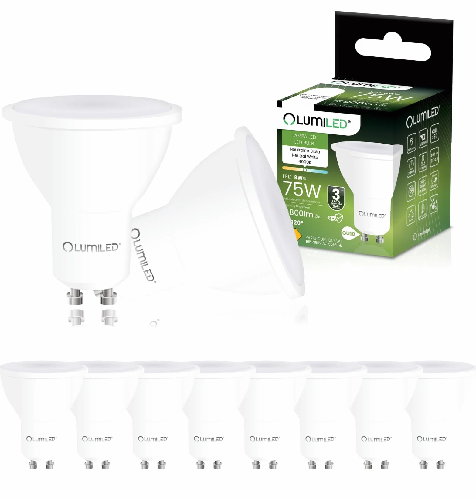 Lumiled LED GU10 PAR16 8W zastępuje 75W 800lm 4000K Neutralna Biel 120° Nieściemnialna Zestaw 10 sztuk Energooszczędne Żarówki Reflektorowe do Kuchni, Salonu, Biura, Korytarza