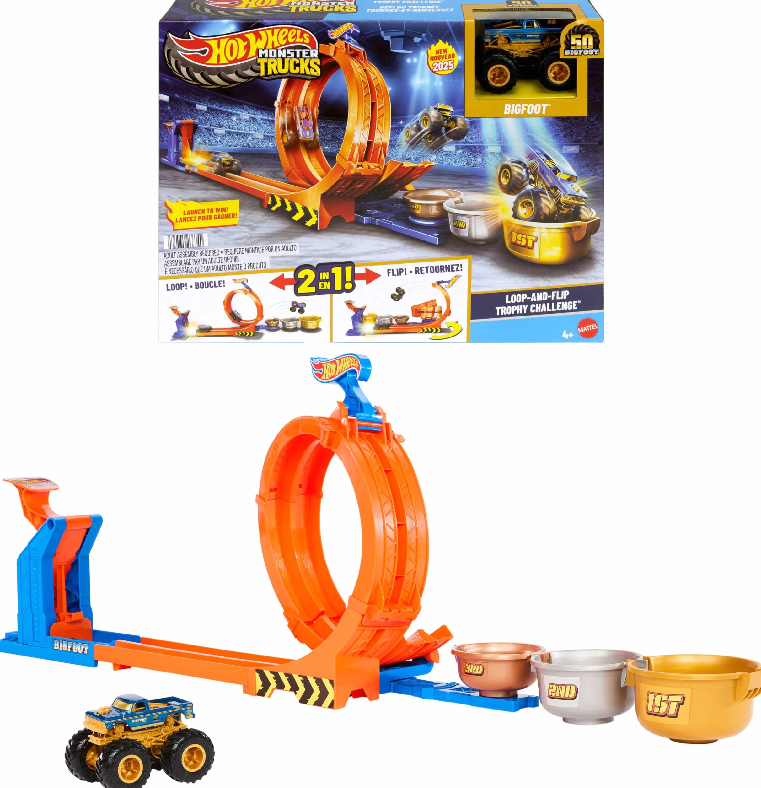 Hot Wheels Monster Trucks Bigfoot 50 rocznica Pętla Skok po trofeum Zestaw do zabawy, pętla, tor samochodowy, 1 metalowy pojazd Bigfoot w skali 1:64 na 50 rocznicę, 2 sposoby zabawy, JBX64