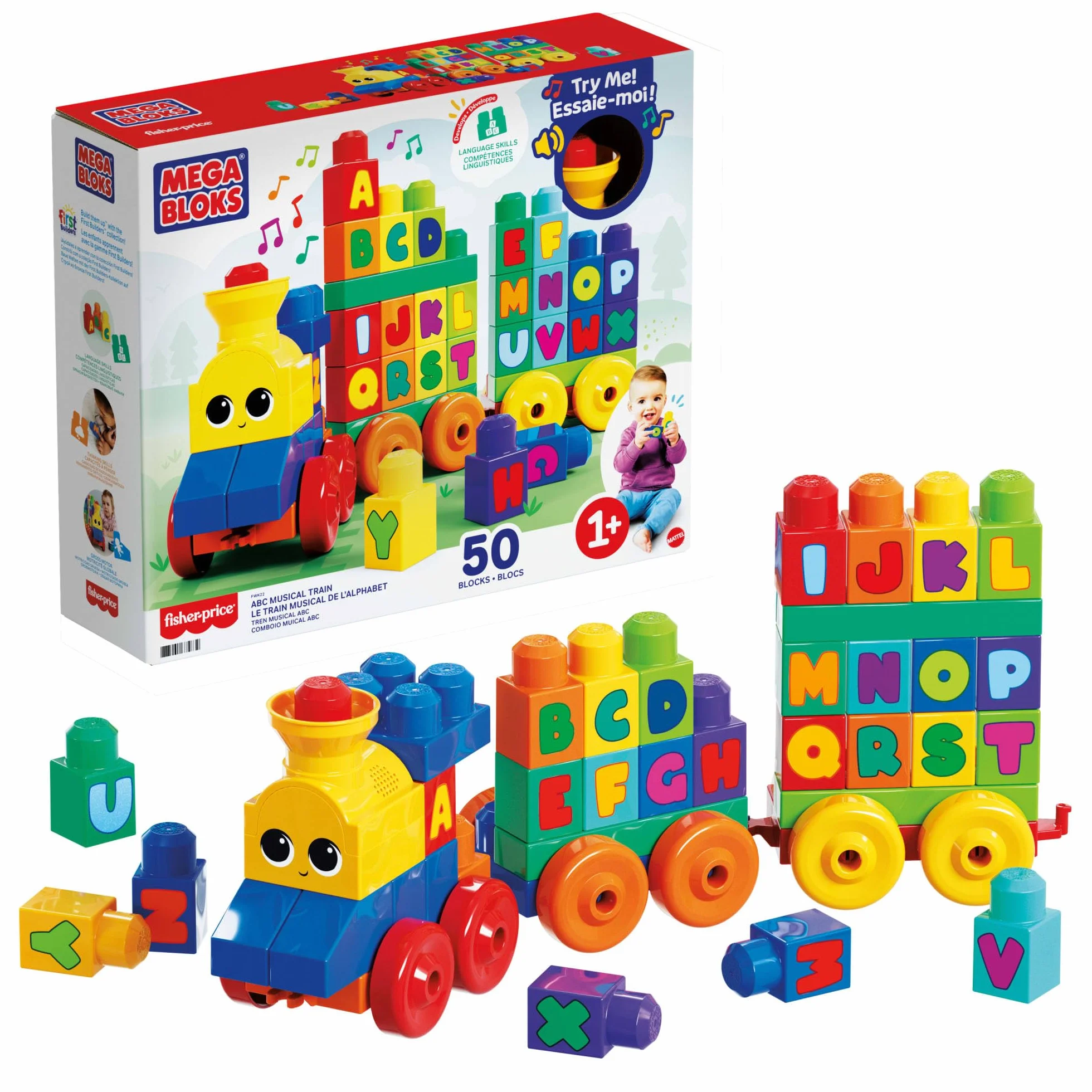 Mega Bloks Muzyczny Pociąg ABC z klockami z literkami odtwarzający realistyczne dźwięki i muzykę, FWK22