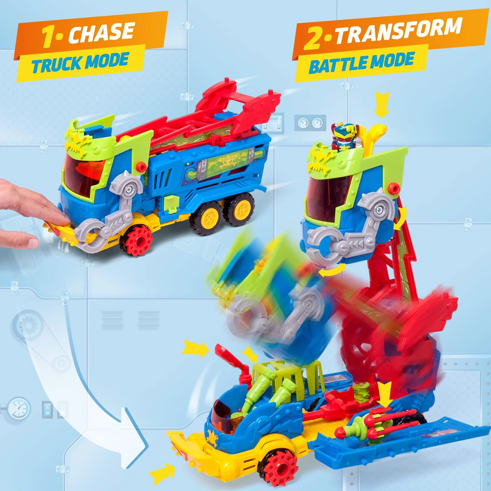 SUPERTHINGS Kazoom Power Mr King Truck — pojazd złoczyńcy z wyrzutnią pocisków, 6 cyfrow: Ekskluzywny Mr King + 4 robotoksyki, zabawka dla dzieci w wieku 3–8 lat