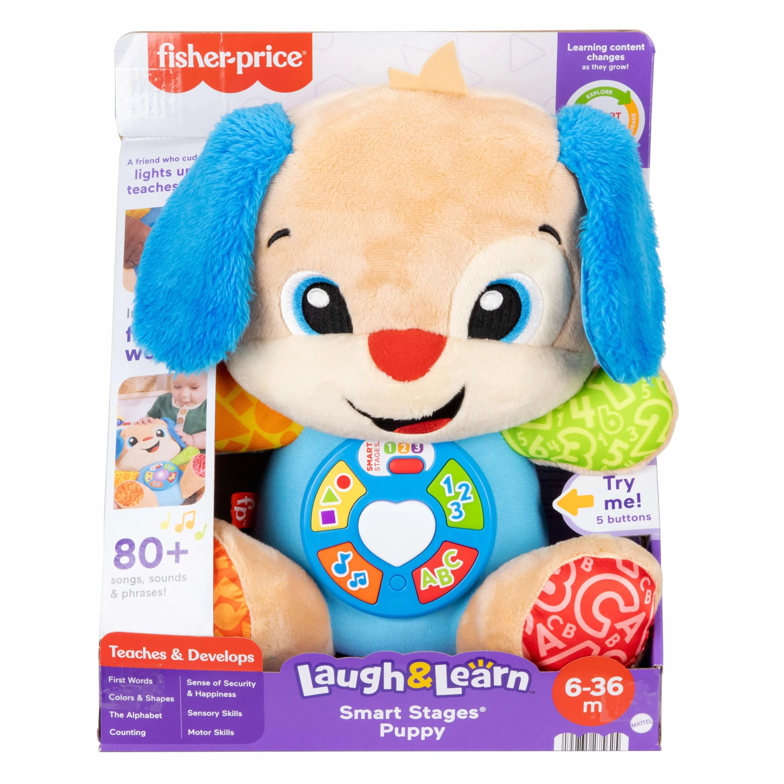 Fisher-Price Ucz się i śmiej! Szczeniaczek Uczniaczek - Poziomy nauki - Edukacyjna interaktywna zabawka, wersja wielojęzykowa: polski; węgierski; czeski; słowacki; angielski, piesek przytulanka, JFD27