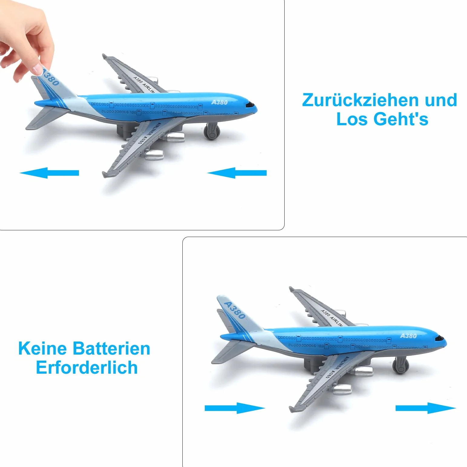 Airbus A380 zabawka do samolotu – mini metalowy model samolotu z funkcją wyciągania dla dzieci od 3 lat, plandeka powietrzna dla dzieci, idealna jako zabawka na lotnisku i prezent (długość 14 cm