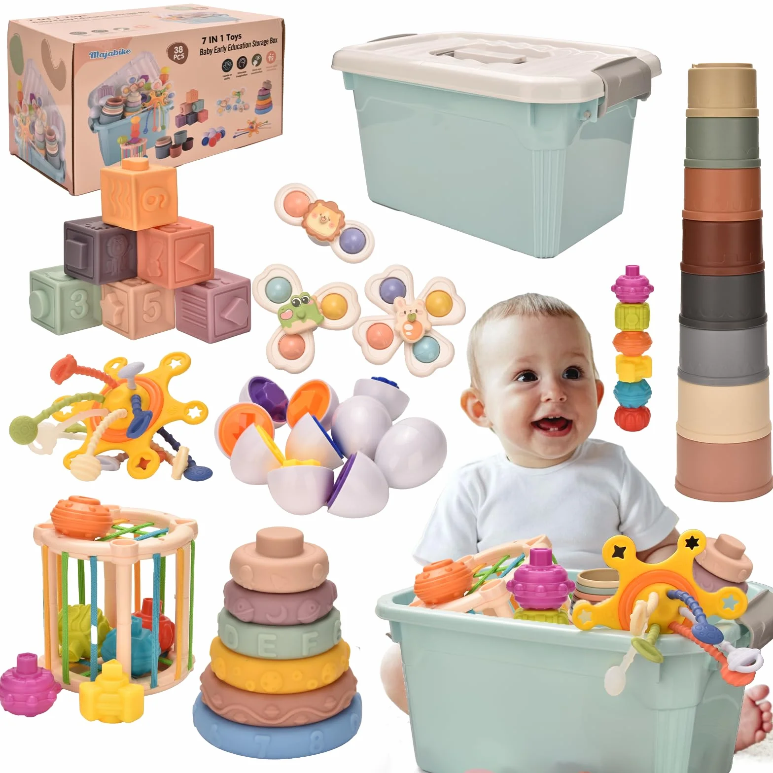 Montessoriii zabawka 7 w 1 dla niemowląt, 6, 9, 12 miesięcy, 1 rok, zestaw zabawek układanych w stos, zabawka sensoryczna dla niemowląt, koordynacja ruchowa, prezent dla chłopców i