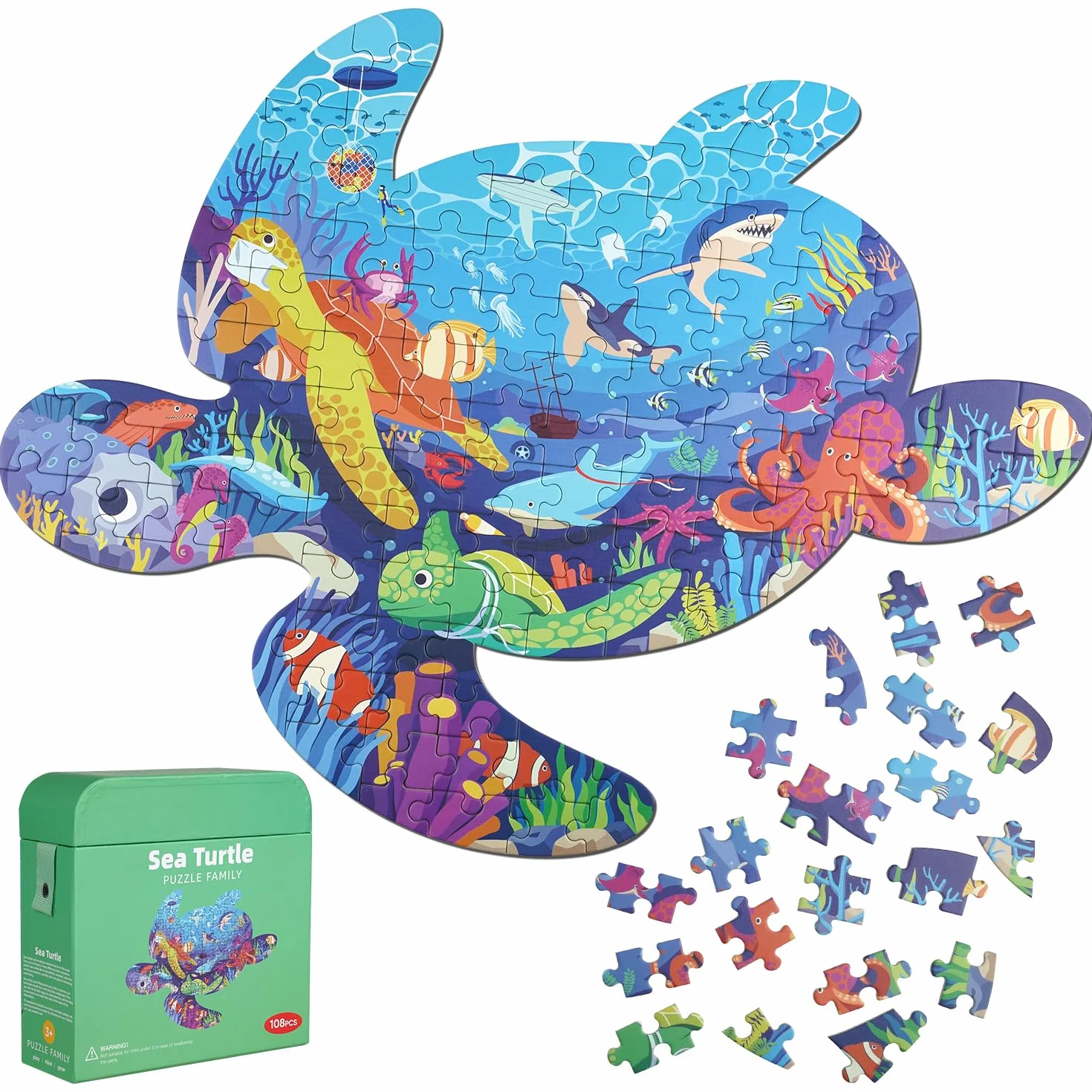 Puzzle z żółwiem morskim dla dzieci, 108 sztuk puzzli z dużymi elementami dla dzieci w wieku 4, 5, 6, 7, 8, 9, 10 lat.
