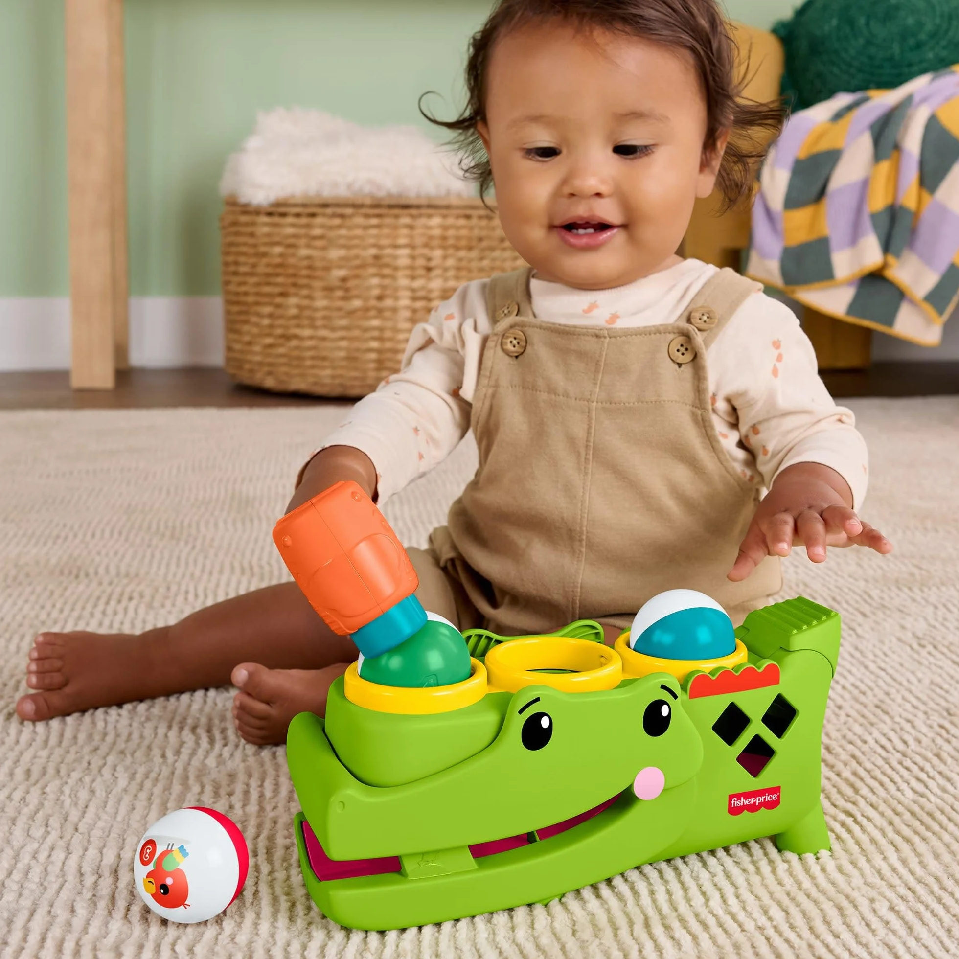 Fisher-Price Krokodyl Przebijanka aktywizująca z piłeczkami, zestaw zachęcający do raczkowania, młoteczek i 3 piłeczki, zabawka rozwojowa dla dzieci od 9 miesiąca życia, JLB94