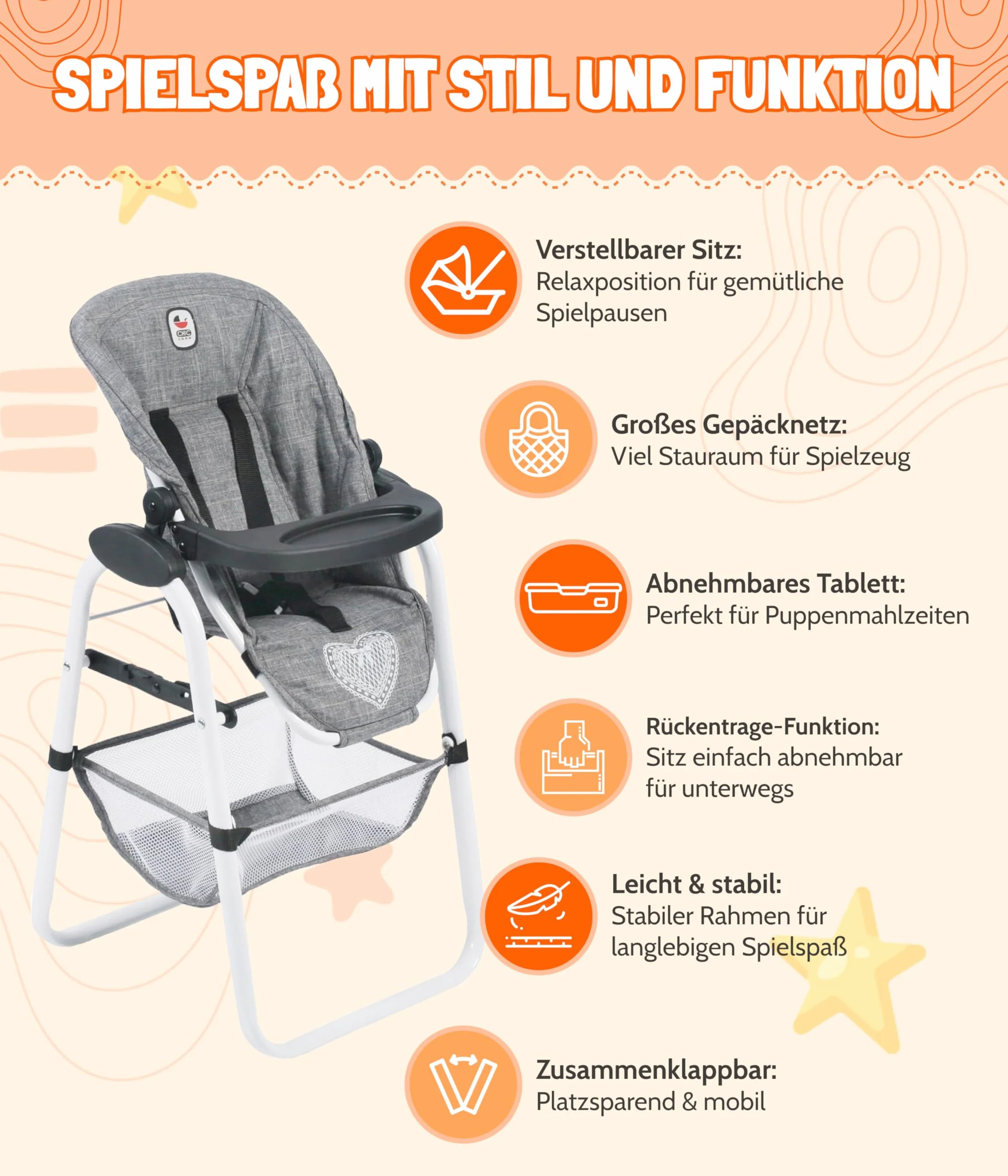 Bayer Chic 2000 655-43 Wysokie krzesło dla lalek, jednorożec, granatowo-różowy