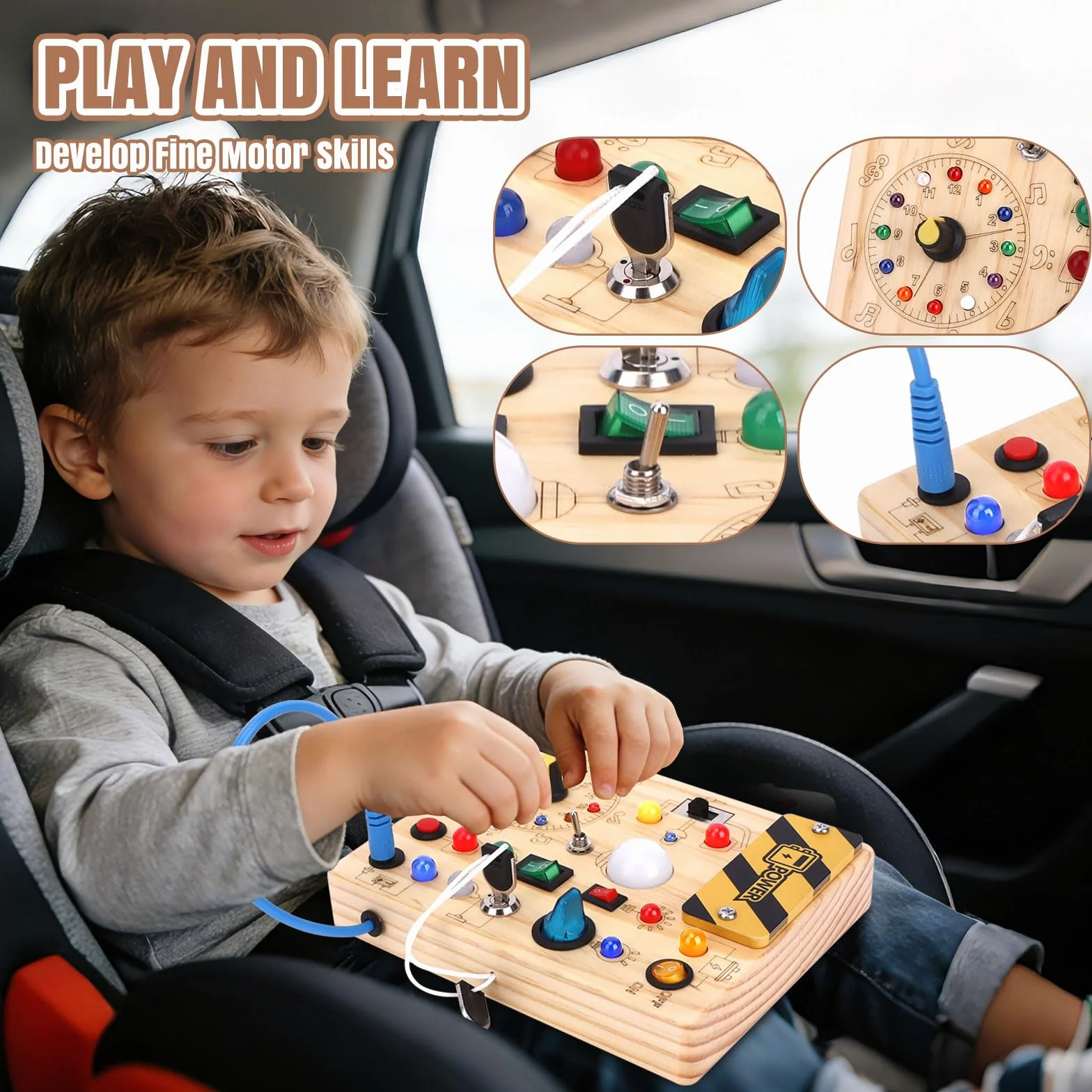 Busy Board Montessori zabawka od 1 roku życia, drewniana zabawka motoryczna, zabawka edukacyjna z 10 przełącznikami i 23 diodami LED dla małych dzieci, prezent dla chłopców i dziewczynek, 1, 2, 3 lata