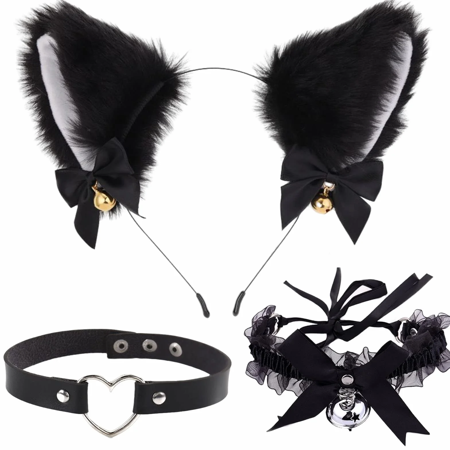 Opaska do włosów z kocimi uszami, opaska na włosy, opaska na czoło, dzwoneczek, naszyjnik ze skóry PU, punk, choker, naszyjniki, koło, ozdoba do włosów na imprezę, do kostiumu, 3 sztuki, czarny, jeden rozmiar