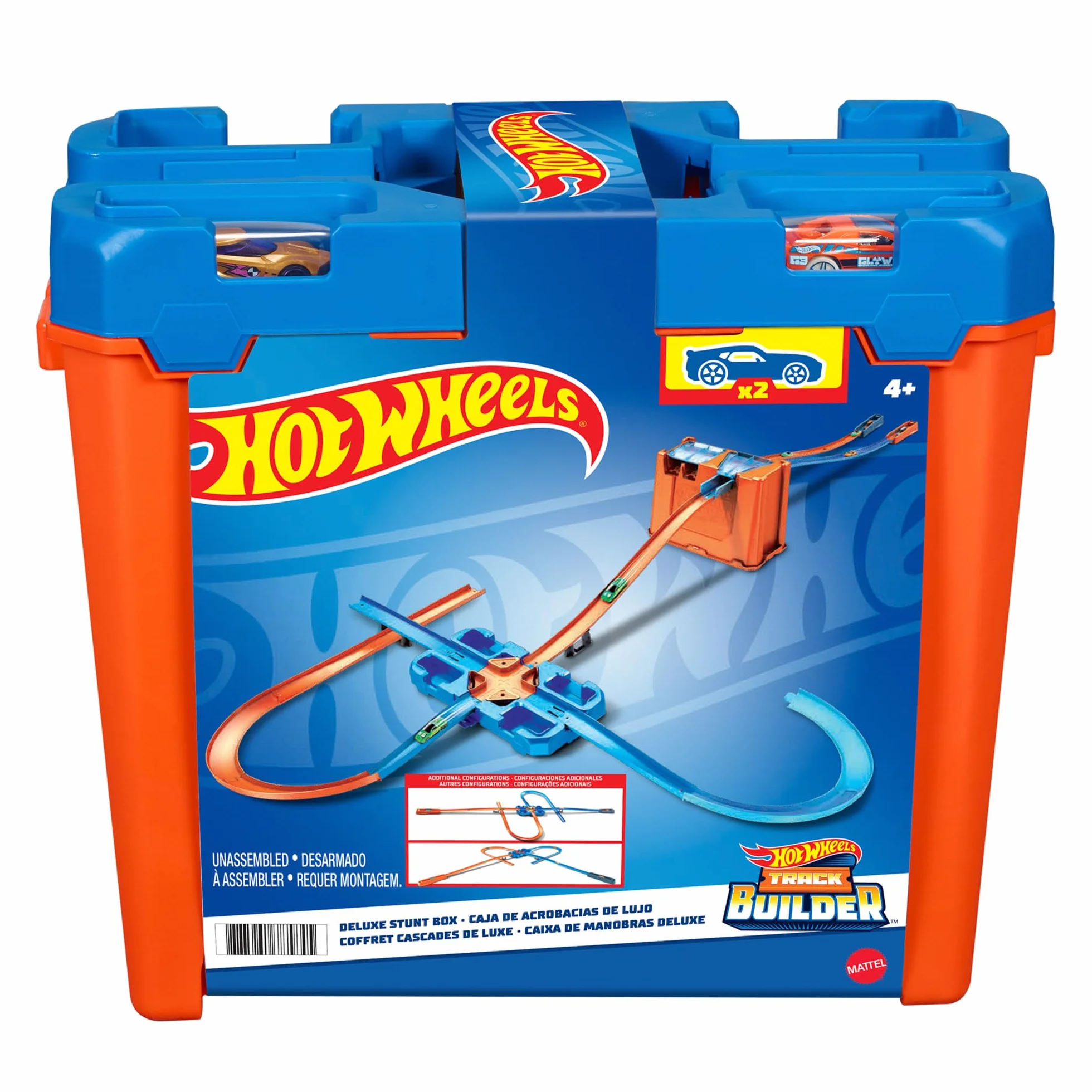 Hot Wheels Deluxe Stunt Box Track Builder Zestaw do Zabawy, Niebieski/Pomarańczowy, Od 6 lat