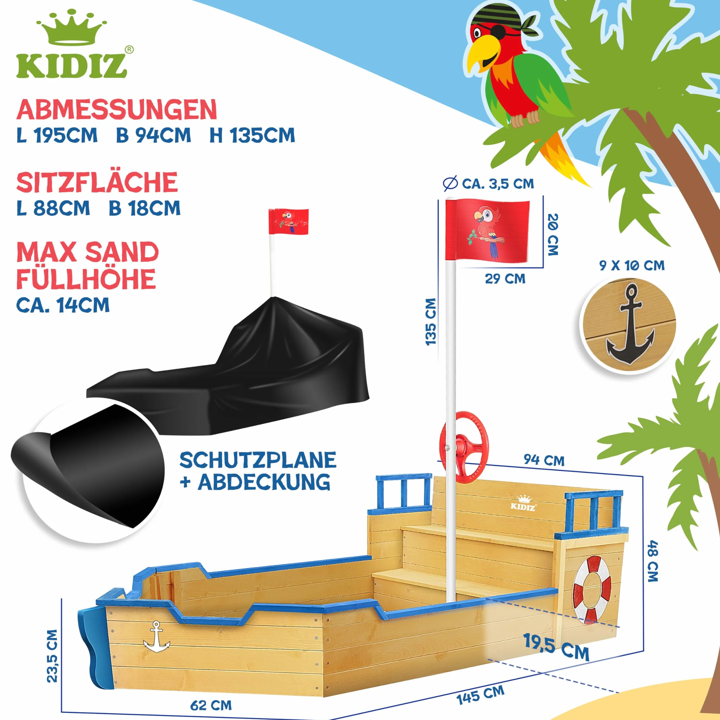KIDIZ® Piaskownica AHOI – statek piracki, łódź żaglowa z drewna, w zestawie pokrywa, plandeka podłogowa, ławka do siedzenia, maszt flagowy, zabawki, duża piaskownica dla dzieci, do ogrodu, piaskownica