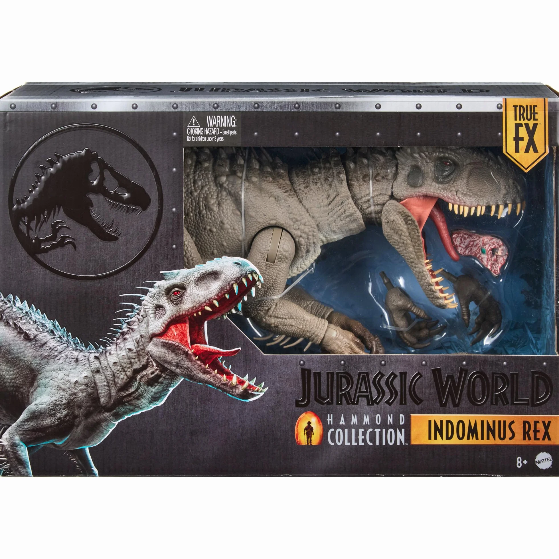 Mattel Jurassic World Kolekcja Hammonda Indominus Rex Dinozaur, duża figurka deluxe, punkty ruchu, wymienne szpony i „implant do śledzenia”, zabawka dla dzieci 8+, fanów i kolekcjonerów, JKG98