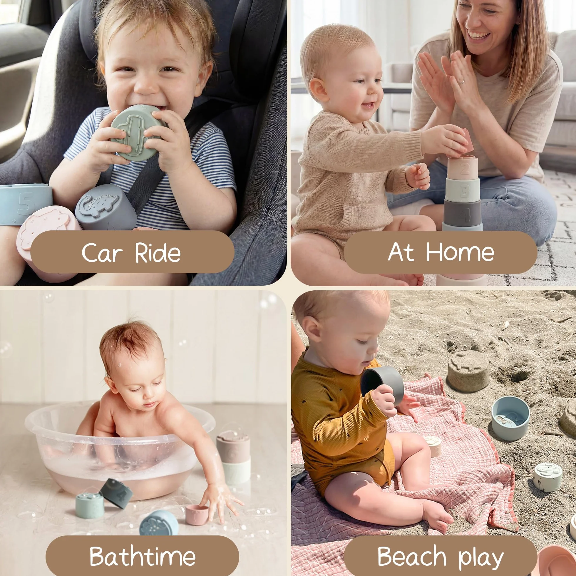Moonkie Baby Stacking Cups Toy, zabawna edukacja układa kubka silikonowa zabawka dźwiękowa (Fine Day)
