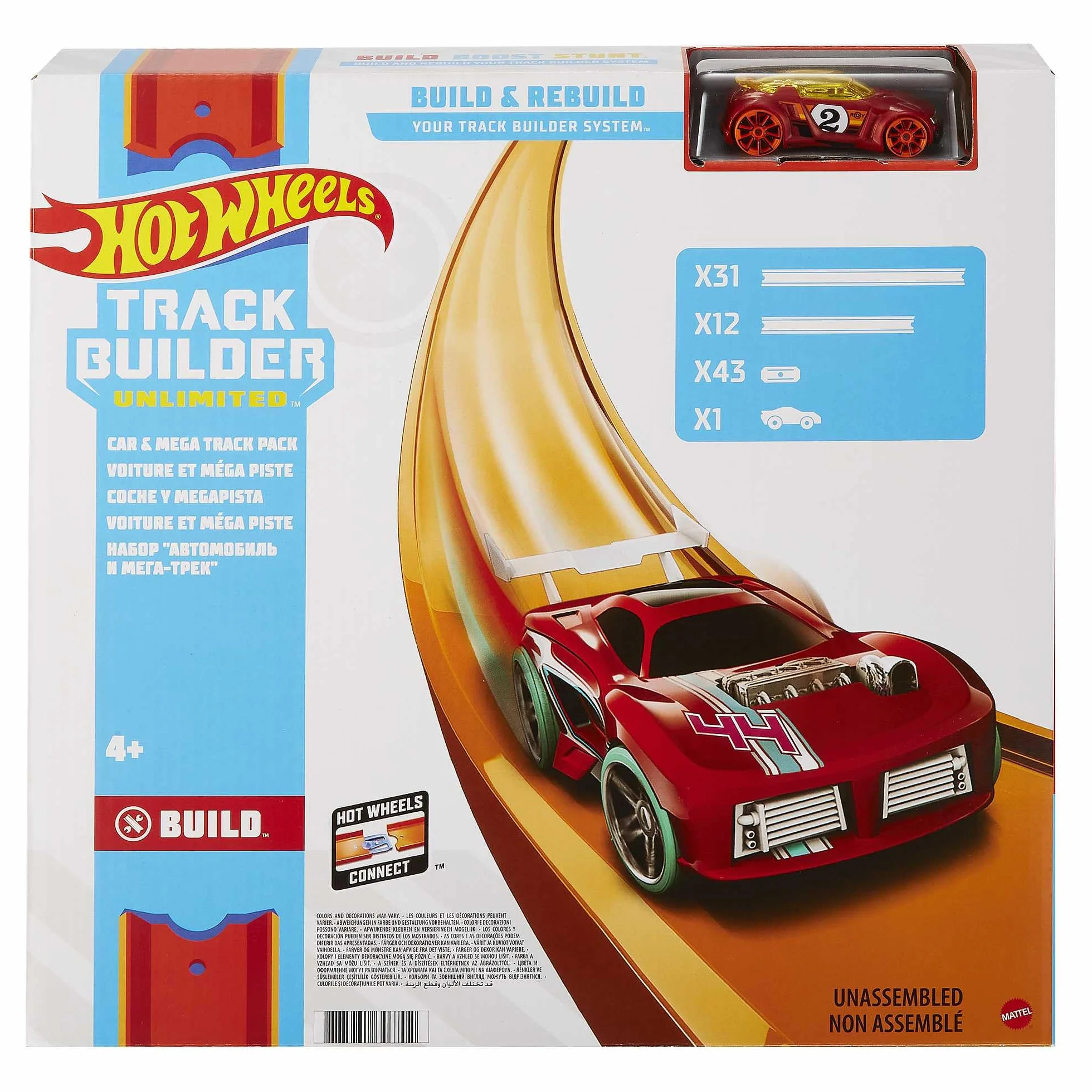Hot Wheels Toy Car Mega Track Set Pack, 87 Component Building Parts for 40-ft of Track & 1:64 Scale Vehicle (Amazon Exclusive), FTL69