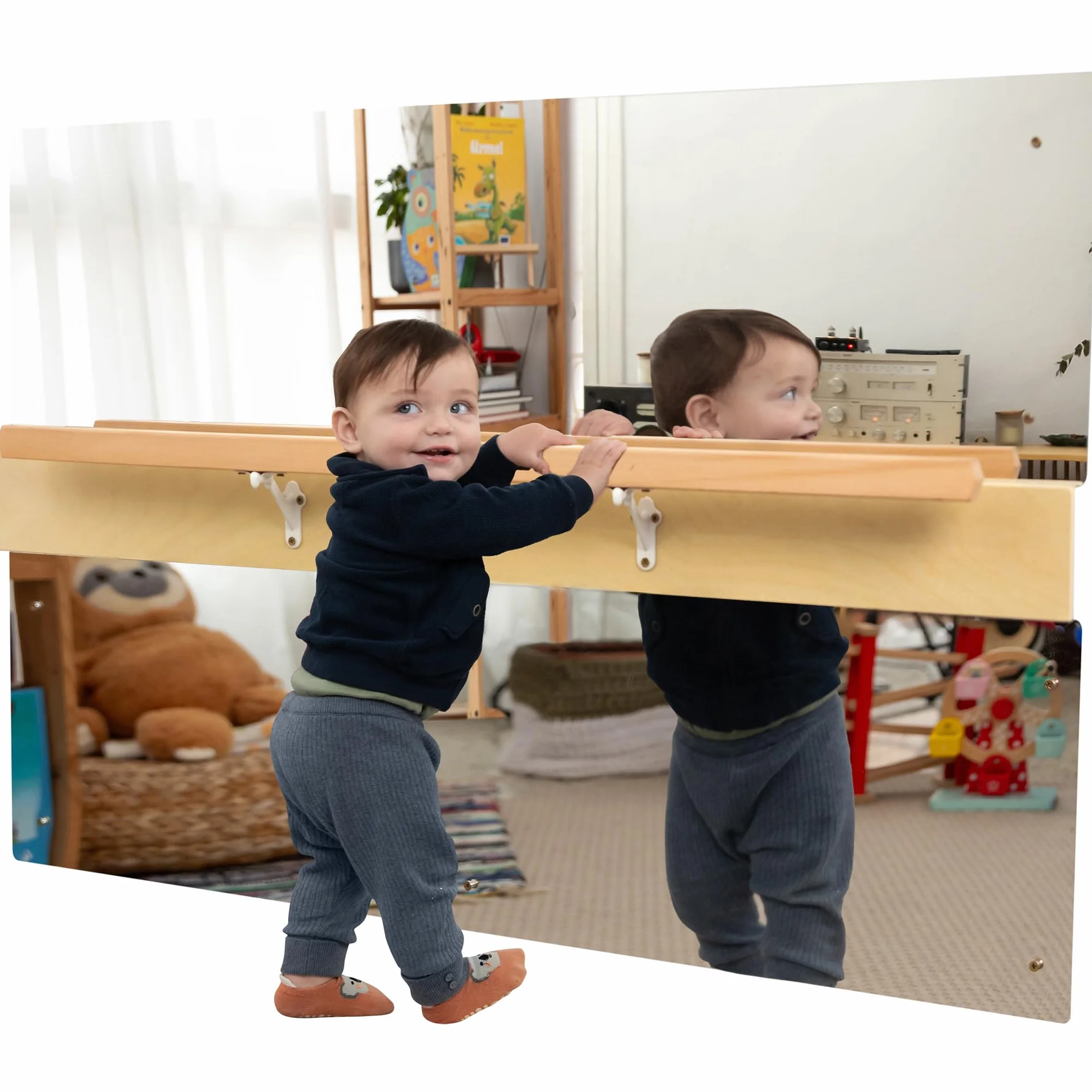 Lustro Montessori Z Drążkiem Dla Maluchów | Drążek Montessori Do Podciągania Dla Nauki Stania I Lustro Na Ścianę Dla Dzieci Z Drążkiem | Drewniany Drążek Równoważny, Rozwoju Motorycznego
