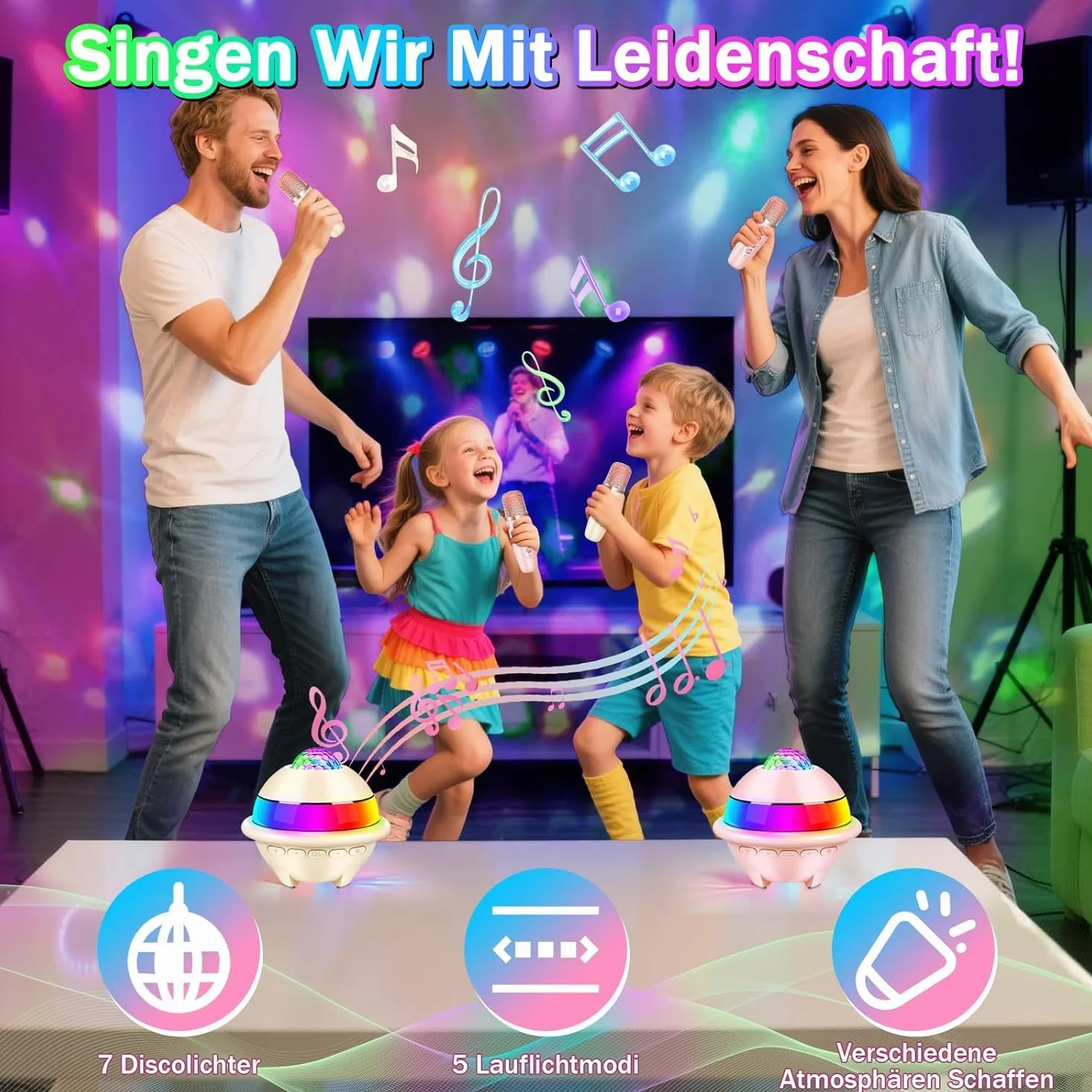 JONRRYIN Zestaw do karaoke z 2 mikrofonami, przenośna maszyna do karaoke Bluetooth dla dzieci ze światłem dyskotekowym i 5 efektami dźwiękowymi, głośnik Bluetooth dla dzieci, muzyka, prezent na Boże
