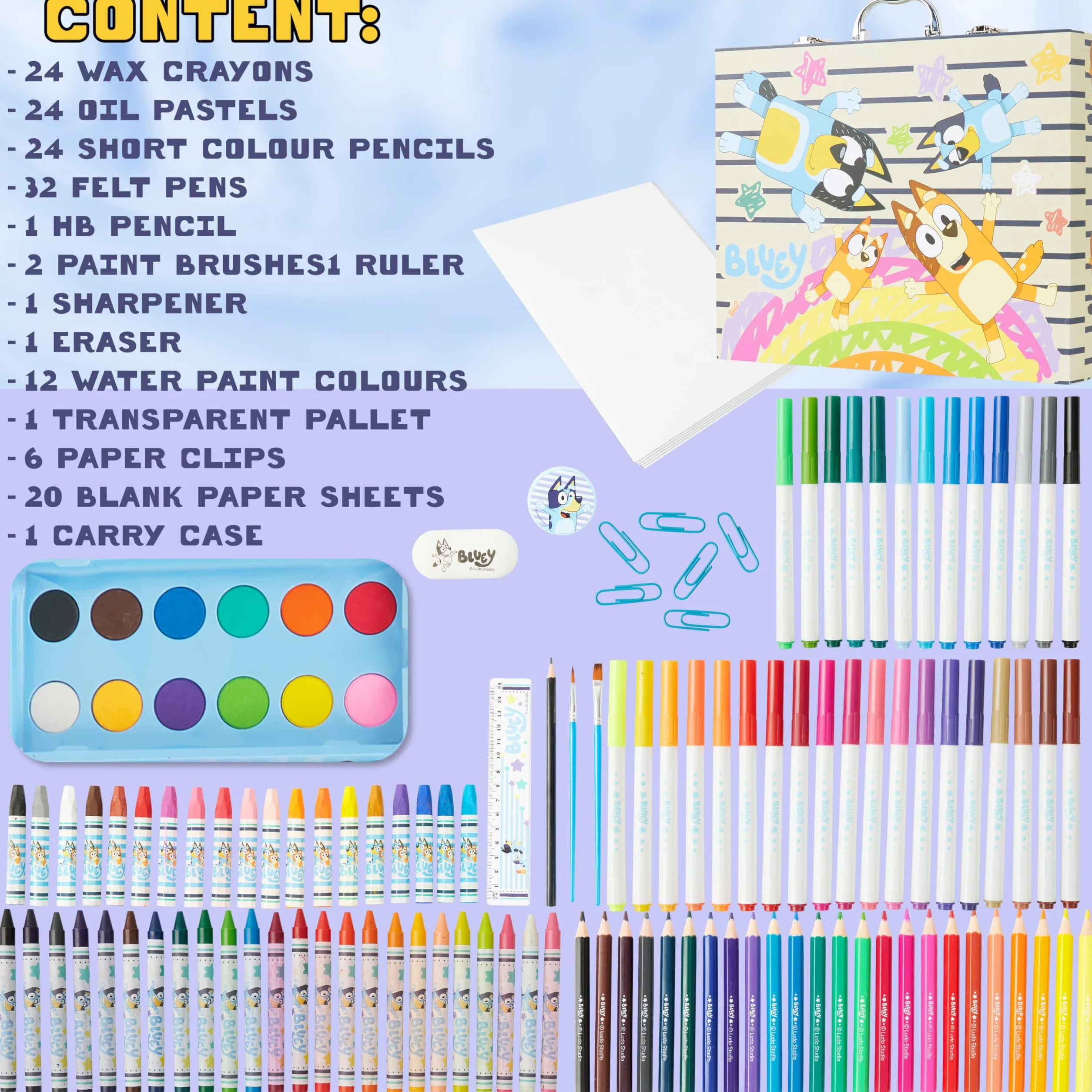 Bluey Zestaw przyborów artystycznych dla dzieci, kredki, markery w etui podróżnym