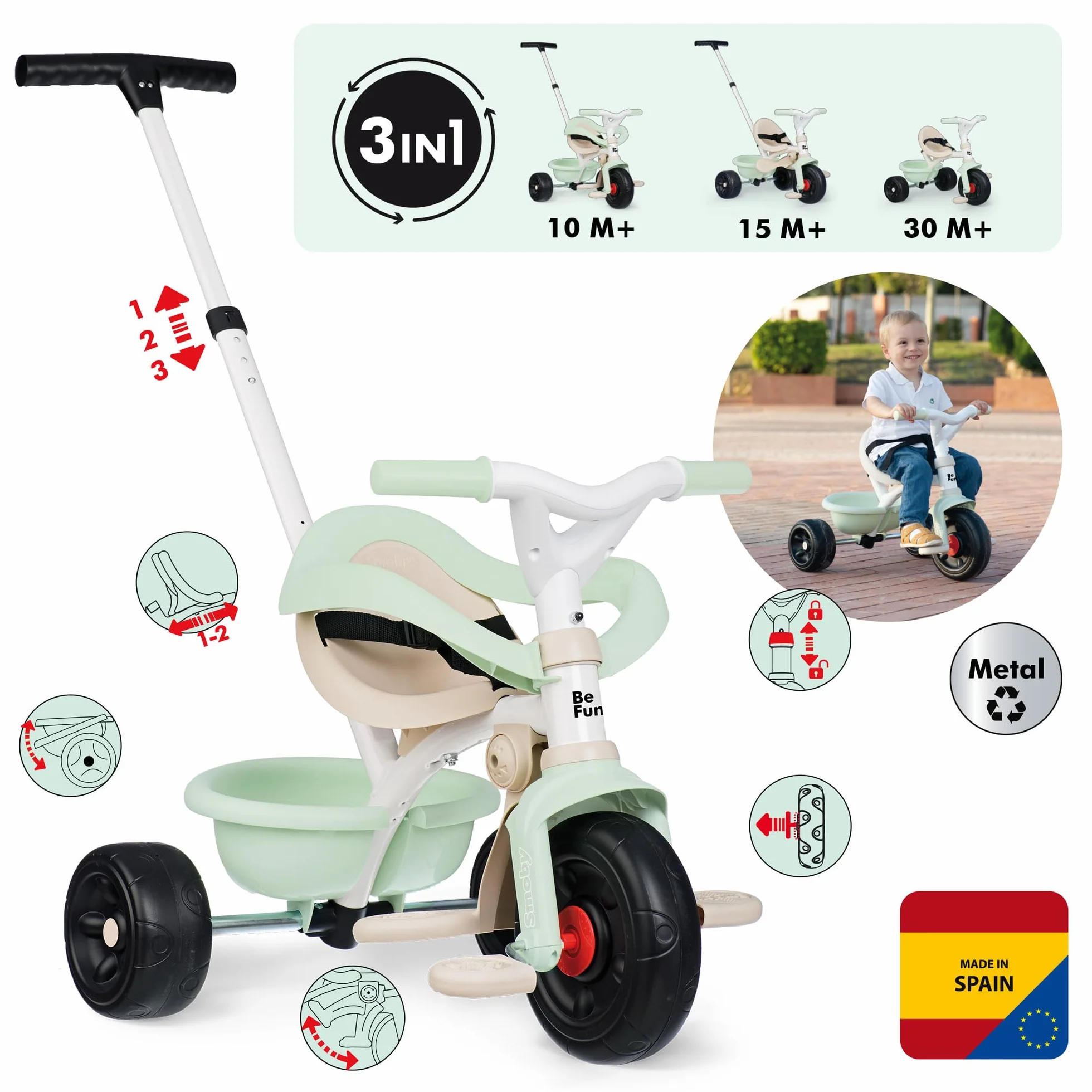 Smoby - Be Fun Confort Tricycle - 3 w 1 Evolutionary - Uchwyt dla rodzica regulowany na 3 wysokościach - Regulowane siedzenie - Od 10 miesięcy do 3 lat - Wyprodukowano w Hiszpanii