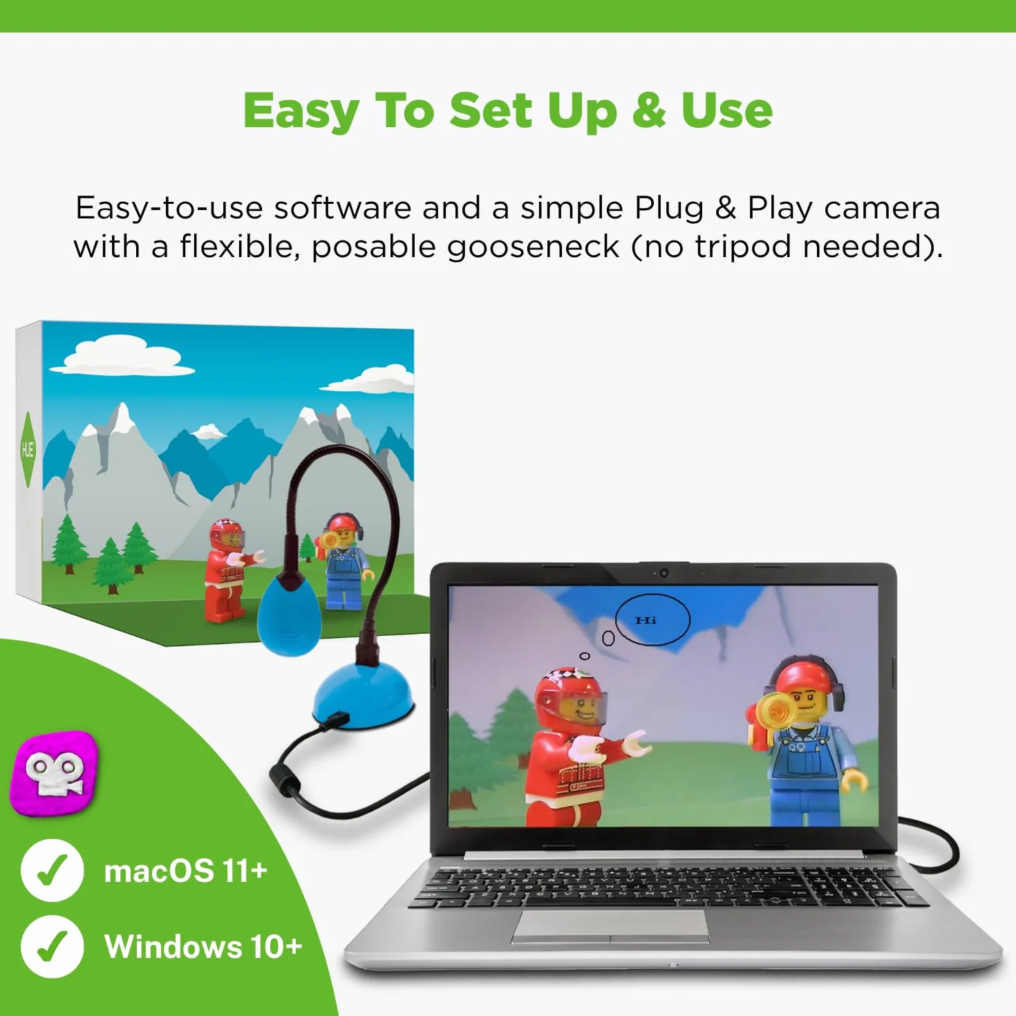 HUE Animation Studio: Kompletny Zestaw do Animacji Poklatkowej Stop Motion (Kamera, Oprogramowanie, Książka w języku angielskim) dla Windows/macOS (niebieska kamera z etui)