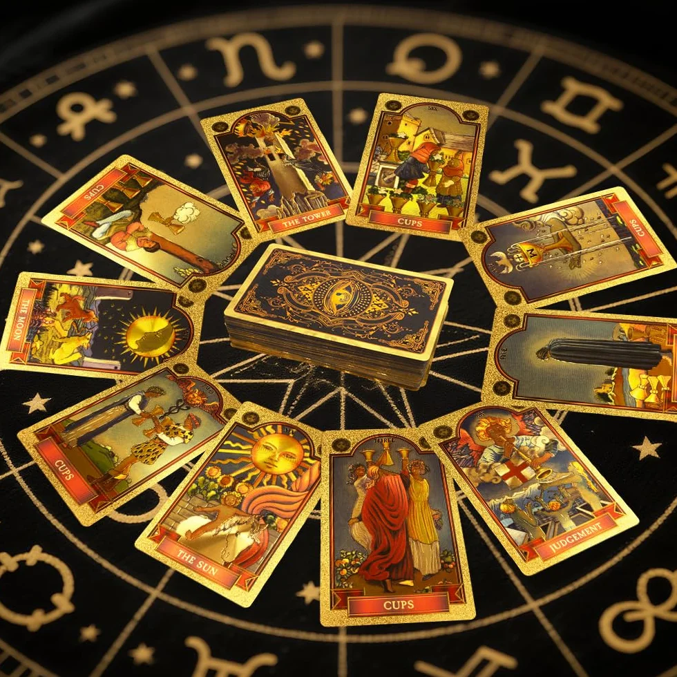 Zestaw tarota, 78+2 karty tarota, złote oko Marsylia Tarot z przewodnikiem, wróżbiarstwo tarota, karty tarota PCV, wodoodporne i bez fałd, zestaw tarota dla początkujących (złoty)