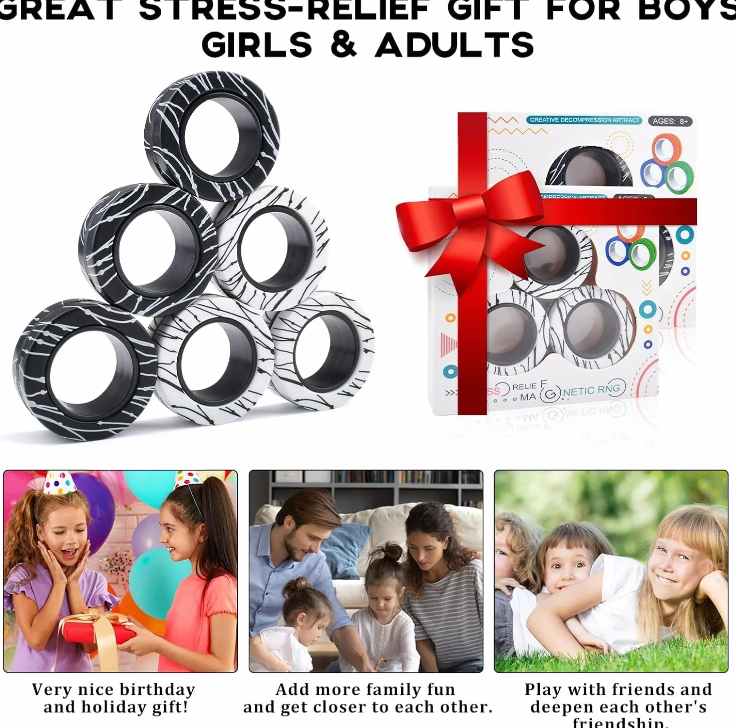 Magnetyczne pierścienie ADHD, zabawka fidget toys dla dorosłych, 6 sztuk, fajne magnesy antystresowe, dla dzieci, nastolatków, prezenty dla dzieci w wieku 3-6-8 lat i starszych chłopców