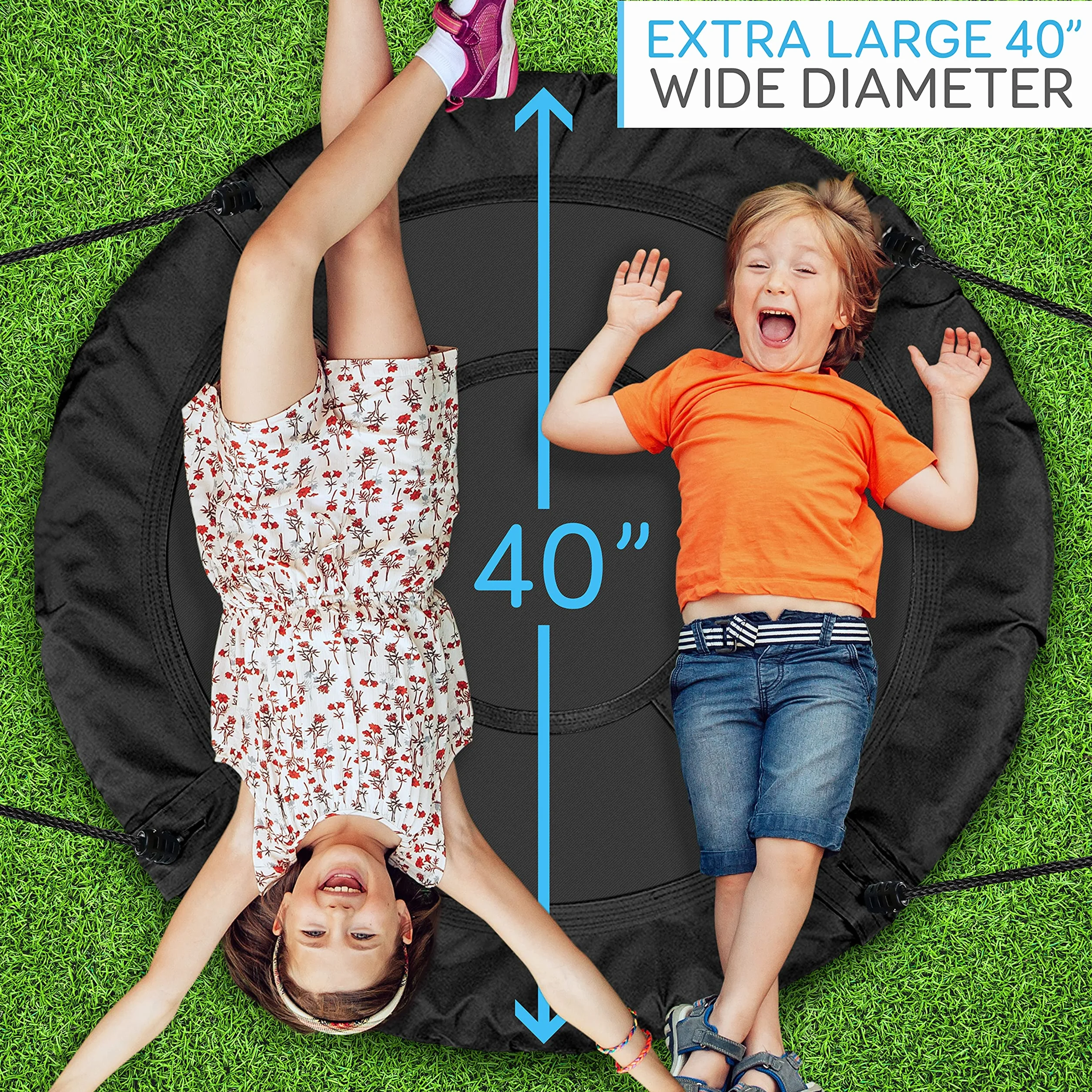 SereneLife 40 Inch Giant Outdoor Saucer Tree Swing with Hang Kit and Center Spinner - Round Hanging Circular Flying Saucer w/Rope Straps & Sturdy Steel Frame, Polyester Fabric Seat for Kids (Black)