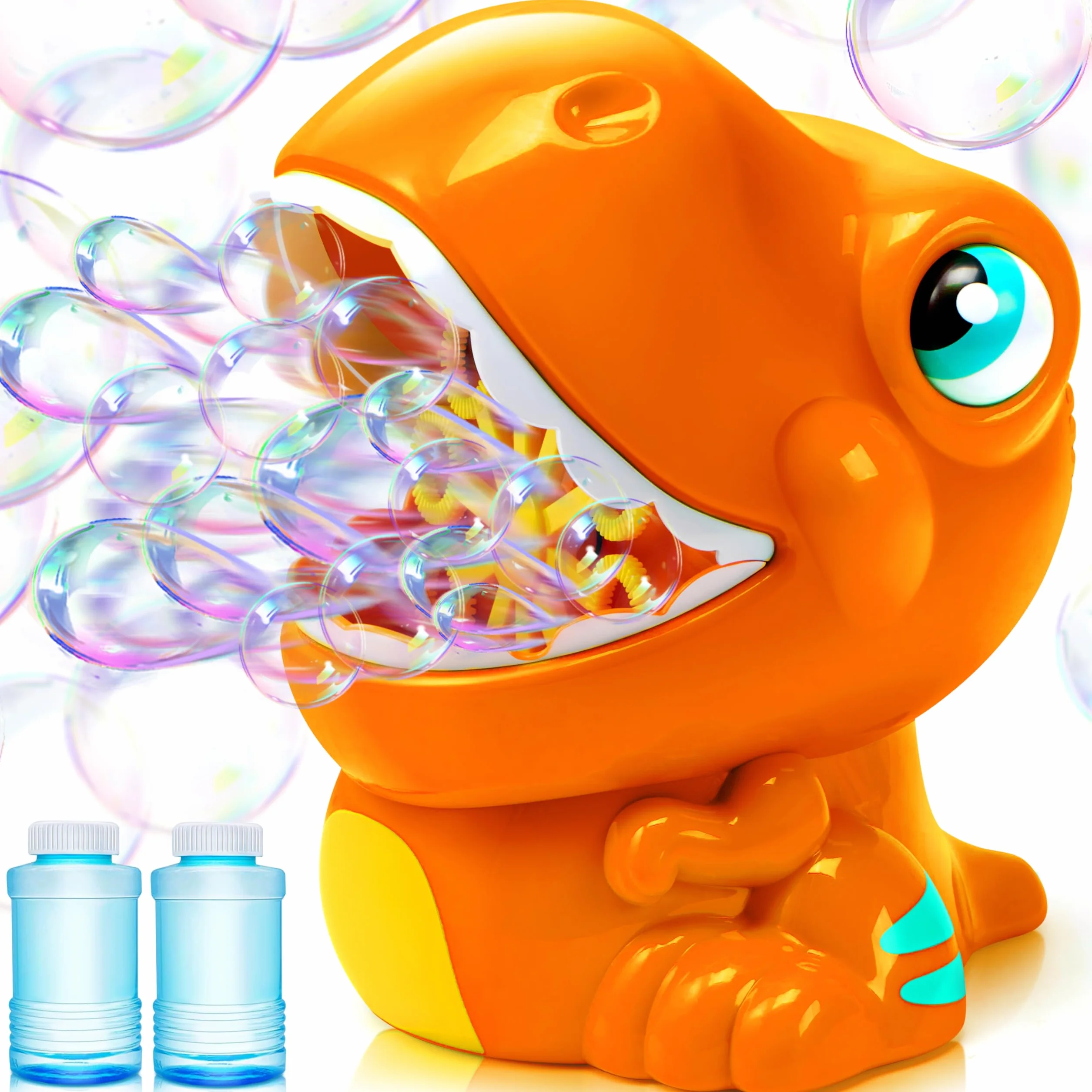 JOYIN, maszynka do baniek z dinozaurami, dmuchawka z roztworami dla dzieci, zabawka na lato na zewnątrz i w środku, upominek na przyjęcie z dinozaurami, prezent urodzinowy dla dzieci (pomarańczowy)