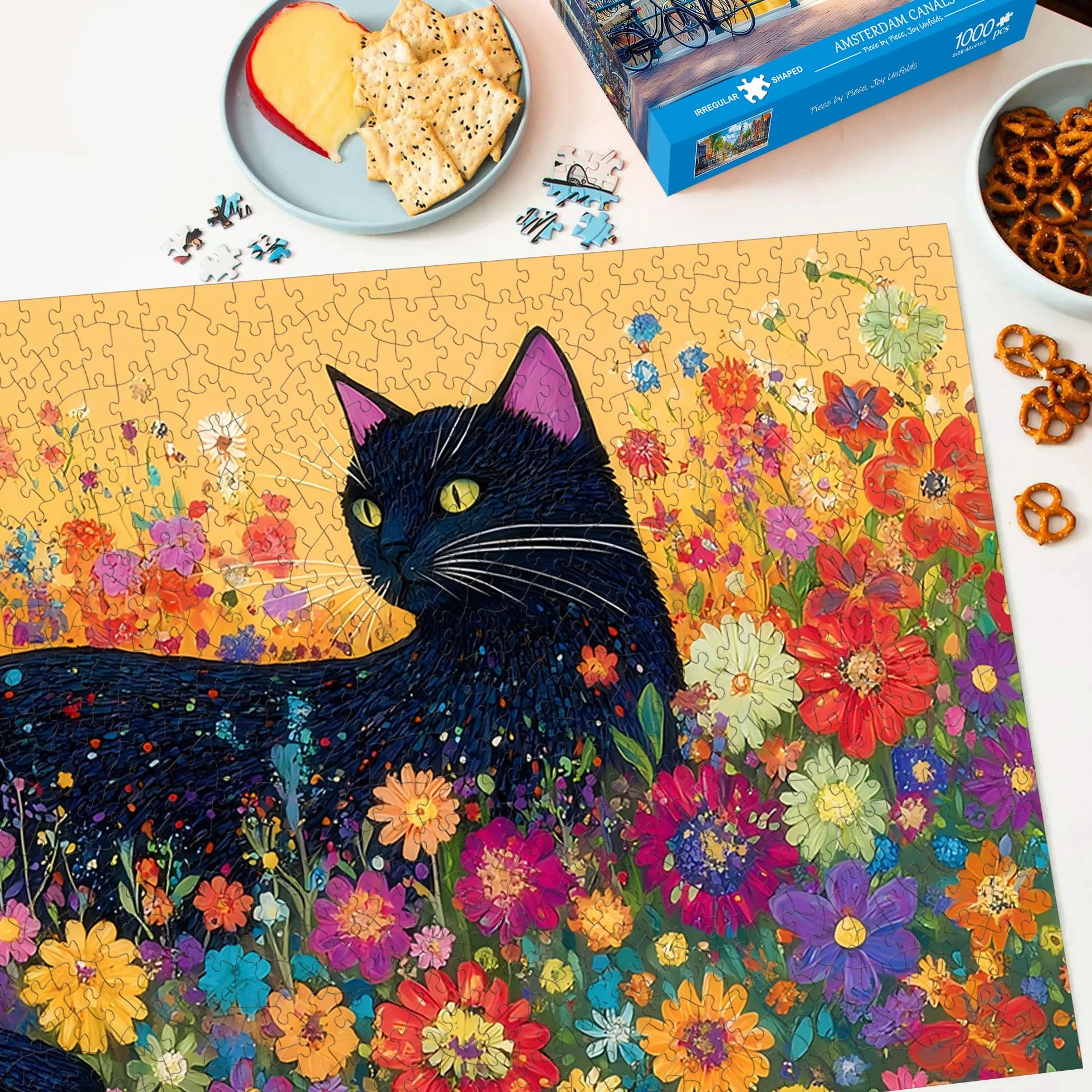 Bimkole Kwitnący Kot Puzzle Dla Dorosłych 1000 Elementów, Kwiat Puzzle Papierowe 1000 Elementów – Zabawna I Wymagająca Układanka Dekoracyjna Dla Całej Rodziny, 80 X 41 cm