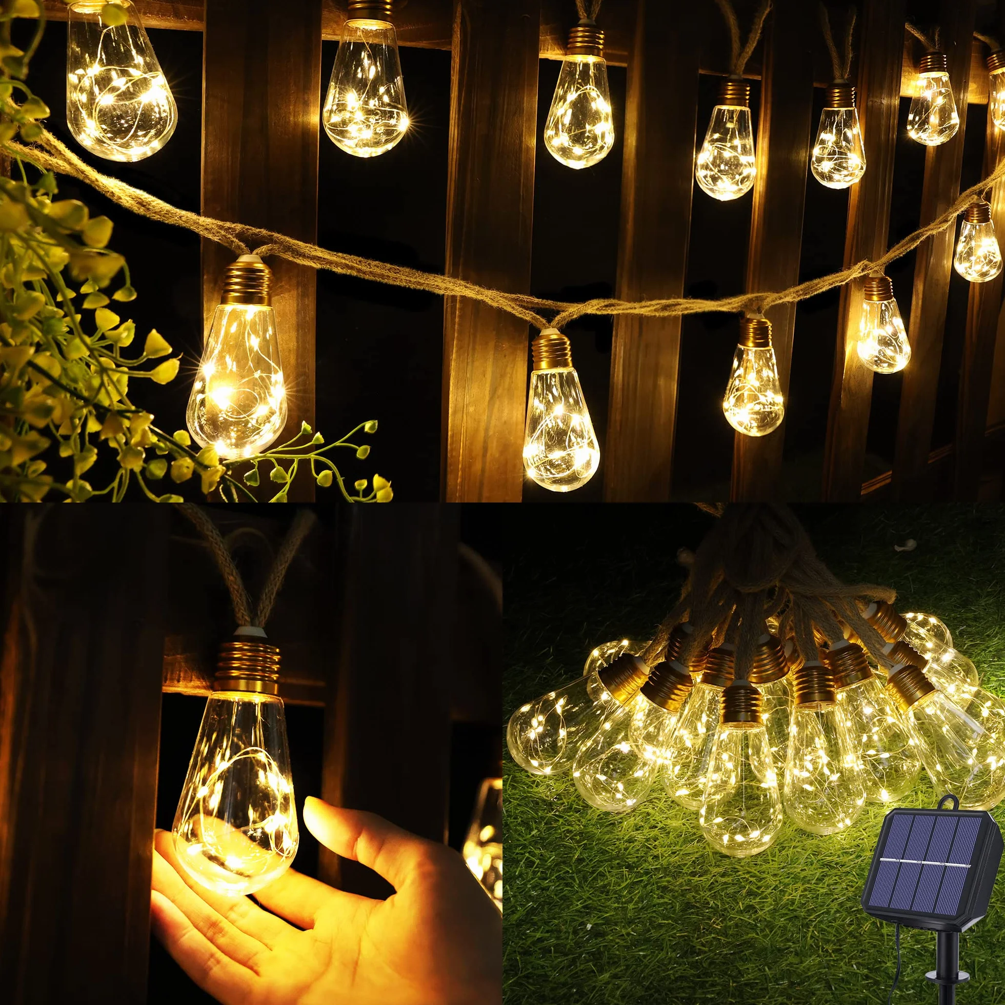 Geemoo Solarny łańcuch świetlny z liny konopnej, 8 m, 160 LED, wodoodporny, z 16 nietłukącymi się żarówkami, do ogrodu, na patio, imprezę, podwórko, dekoracja bożonarodzeniowa (ciepła biel)