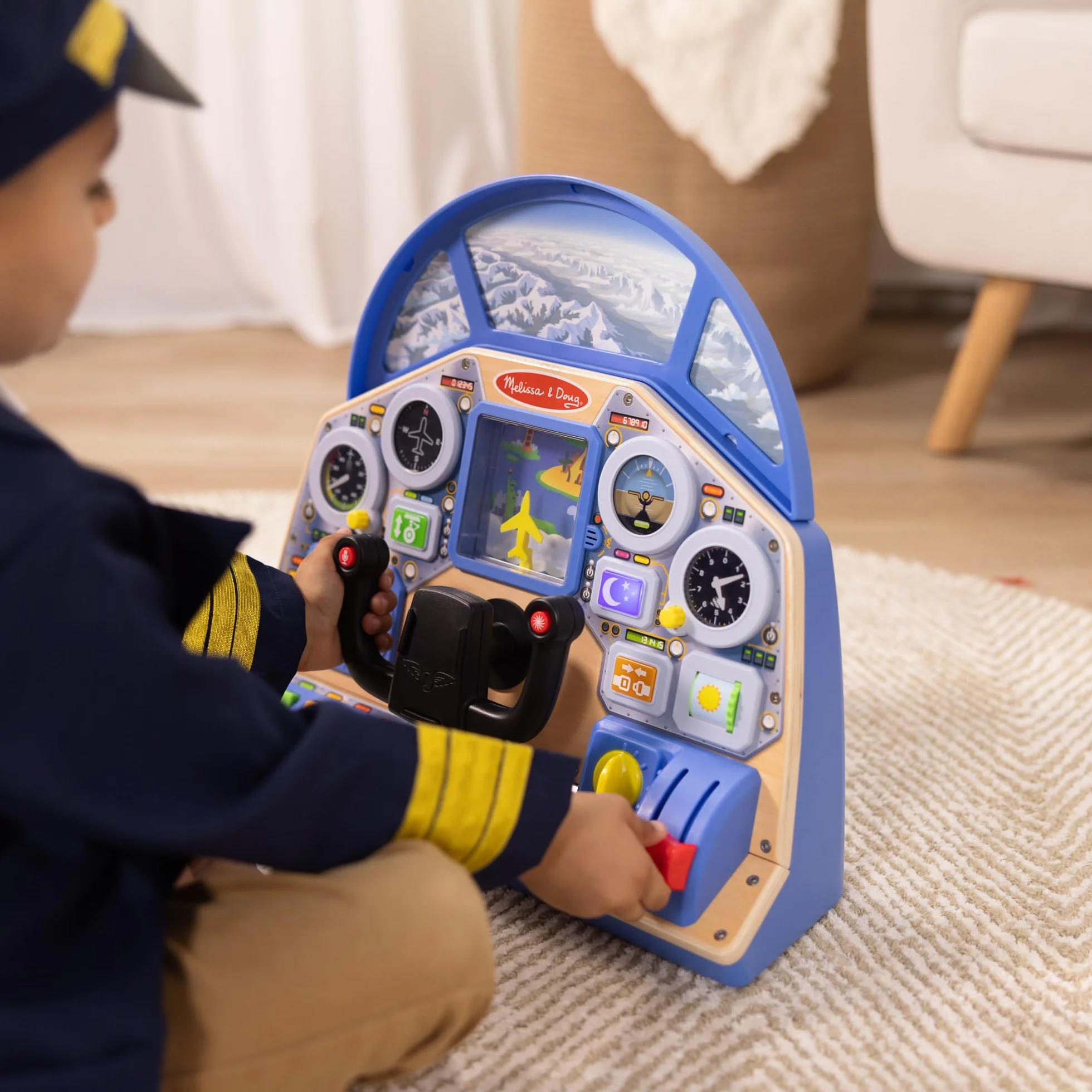 Melissa & Doug, Zabawkowa drewniana, interaktywna deska przyrządów samolotu odrzutowego dla chłopców i dziewczynek w wieku powyżej 3. roku życia
