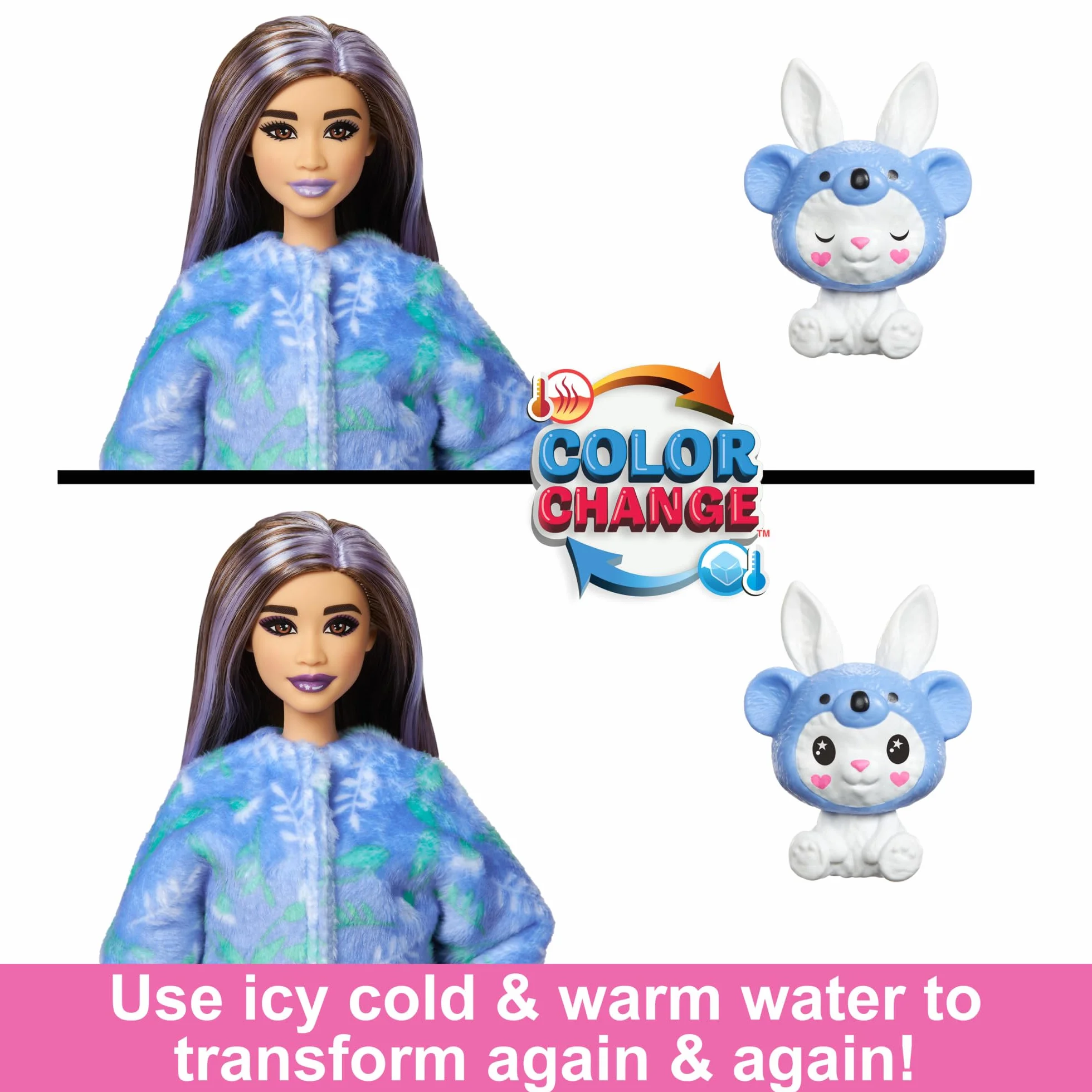 Barbie Cutie Reveal Seria Kostiumy Zwierzaczki Lalka w kostiumie króliczka przebranego za koalę z 10 niespodziankami, w tym zmianą koloru, HRK26