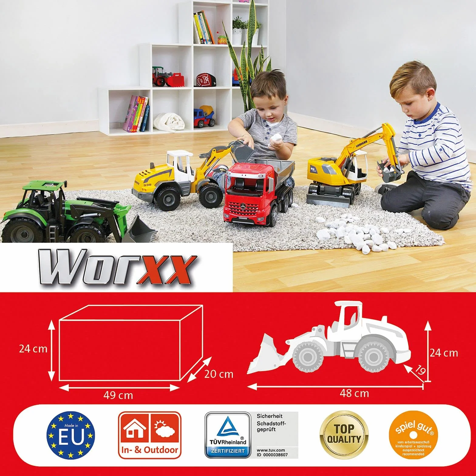 Lena Worxx Liebherr L538 Litronic 48 cm, realistyczny pojazd na plac budowy, wytrzymała zabawka z funkcjonalną szuflą i uchwytem, dla dzieci od 3 lat, żółta