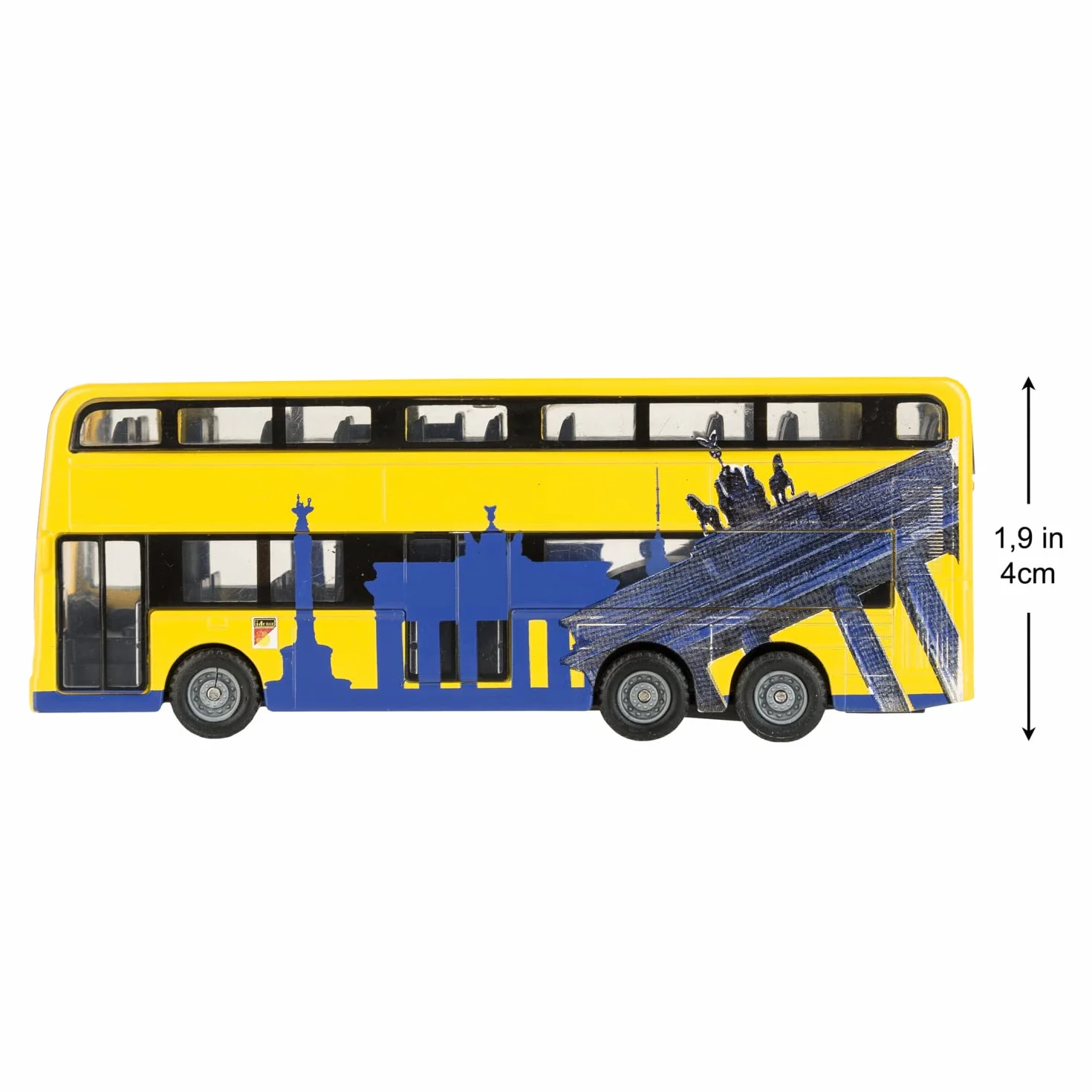 Idena 40107 model autobusu berlińskiego dwupokładowego z silnikiem cofania 18,5x13,5x4,5 cm żółty zabawka pamiątka kolekcjonerski